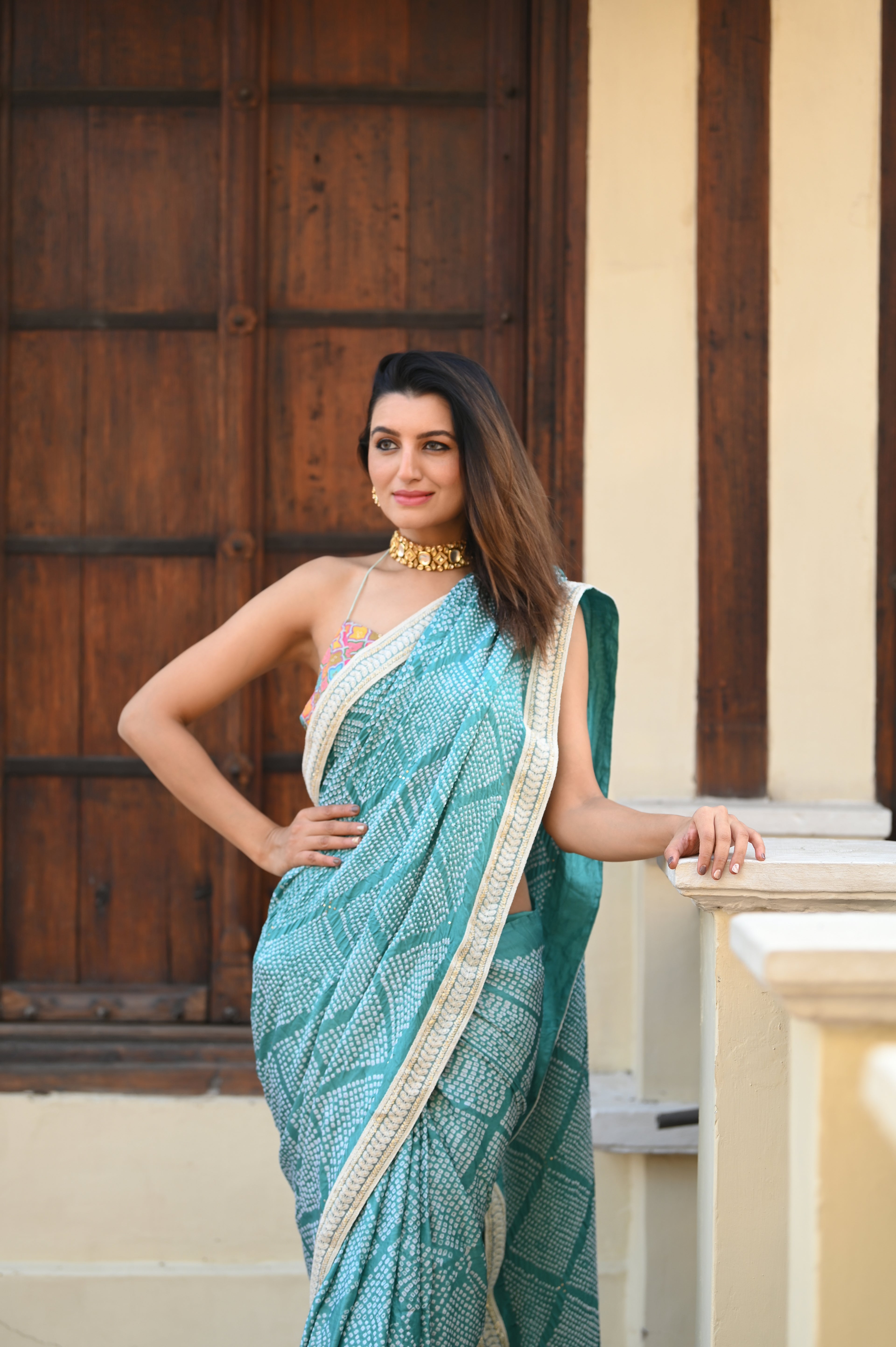 LIGHT BLUE DIAMOND GEOMETRIC BANDHANI SILK SAREE WITH LACE BORDER AND TASSELS
