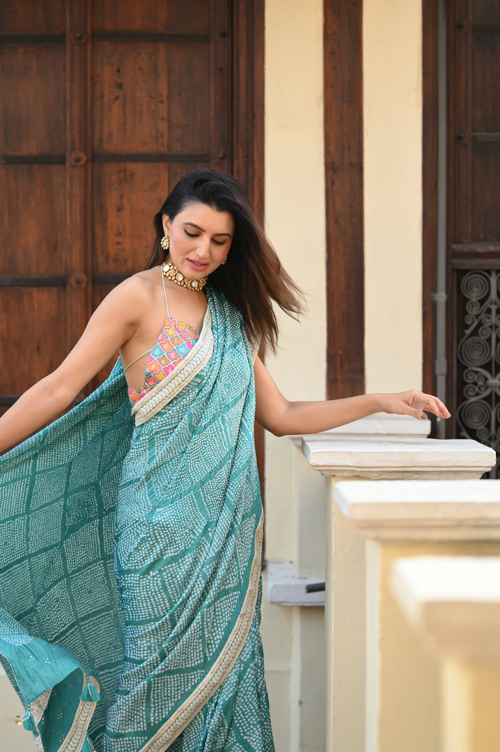 LIGHT BLUE DIAMOND GEOMETRIC BANDHANI SILK SAREE WITH LACE BORDER AND TASSELS