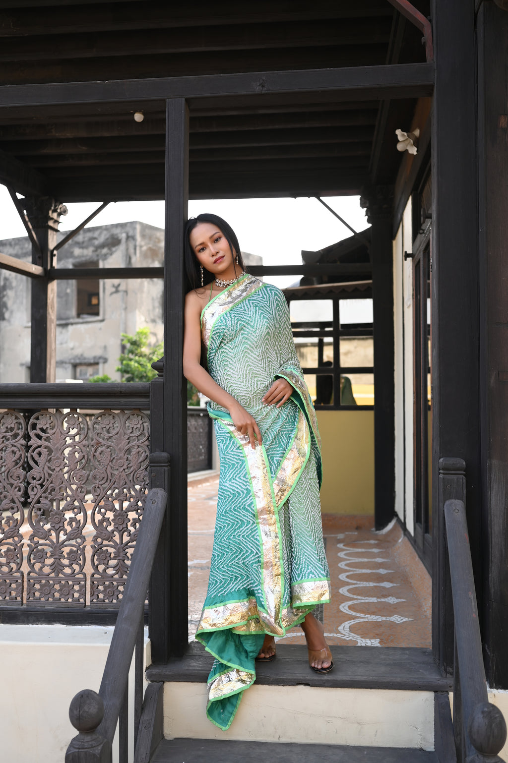 LIGHT GREEN F12 CHEVRON BANDHANI SILK SAREE WITH LAMPI BORDER AND TASSELS