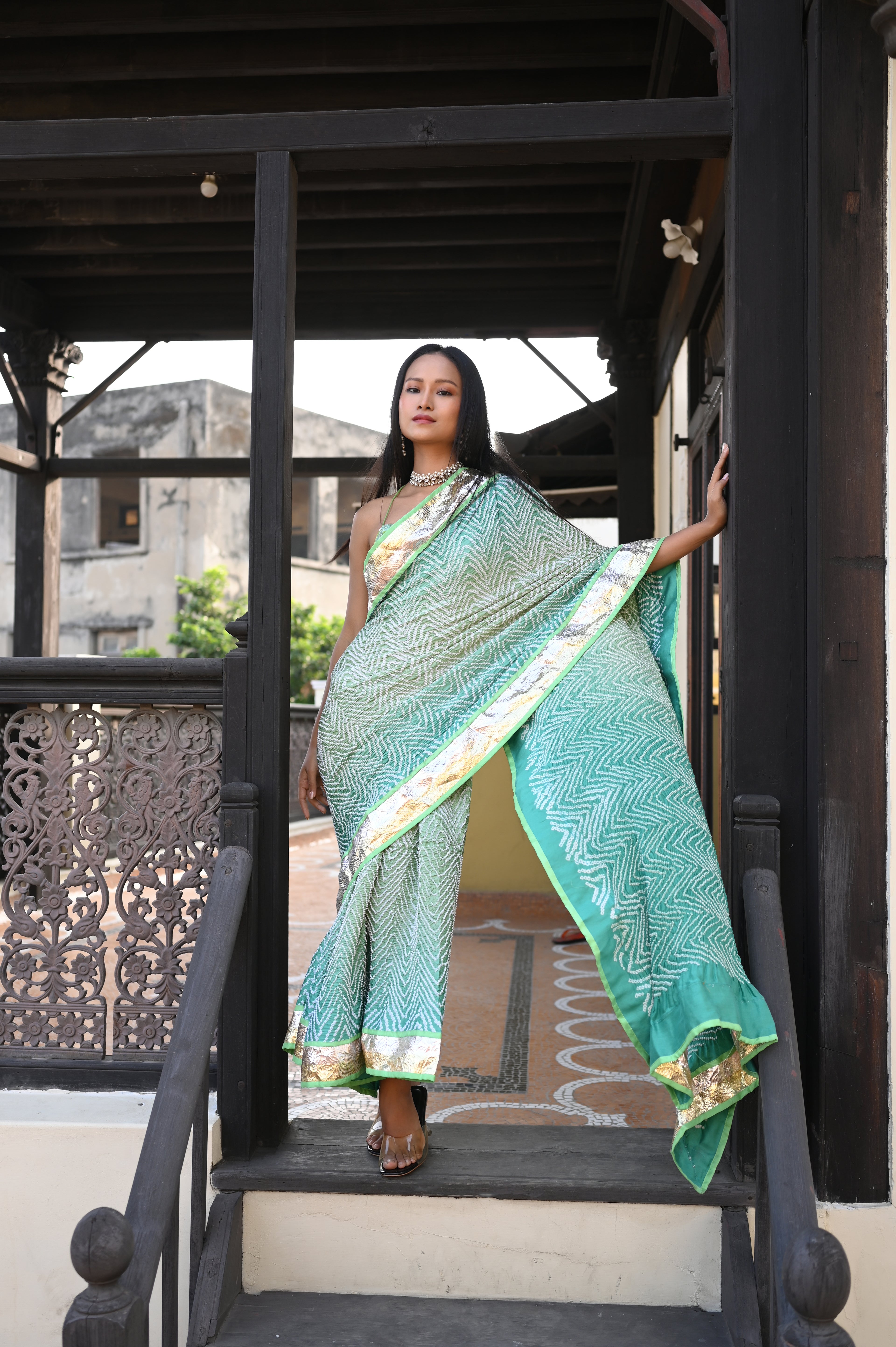 LIGHT GREEN F12 CHEVRON BANDHANI SILK SAREE WITH LAMPI BORDER AND TASSELS