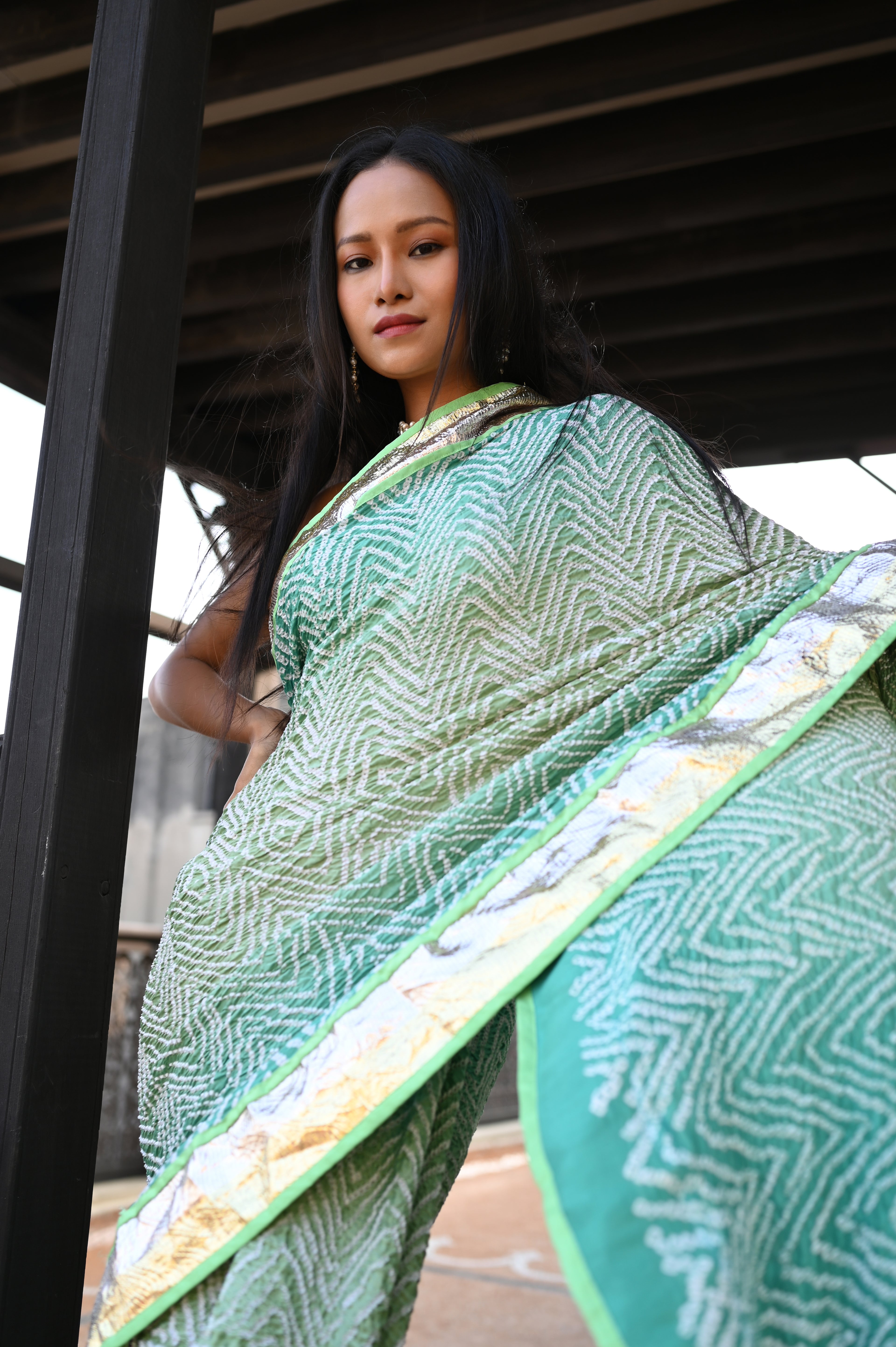LIGHT GREEN F12 CHEVRON BANDHANI SILK SAREE WITH LAMPI BORDER AND TASSELS