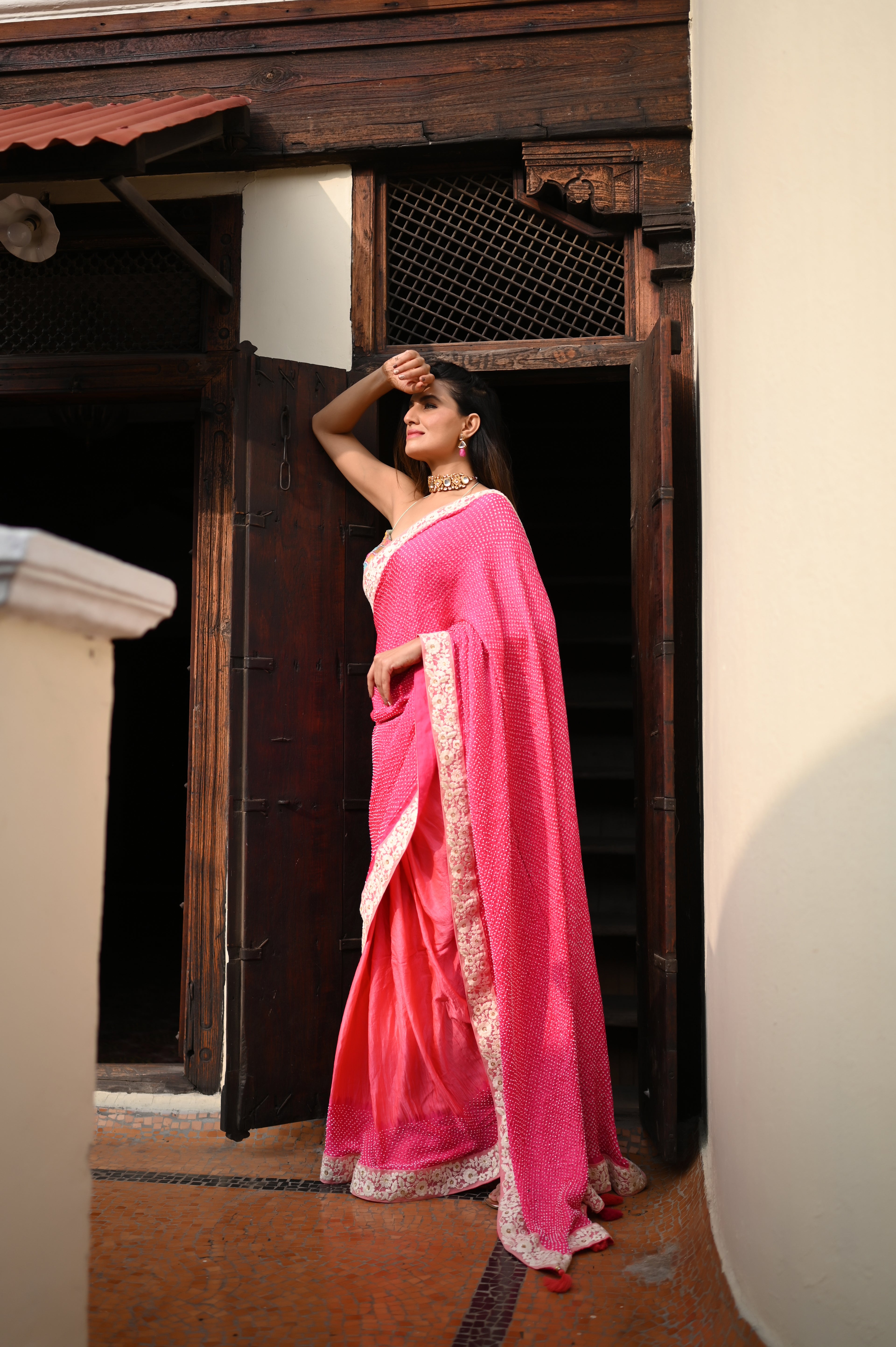 PINK YIN-YANG HALF DULL HALF EMPTY ETERNAL DOT BANDHANI SILK SAREE WITH LACE BORDER AND TASSELS