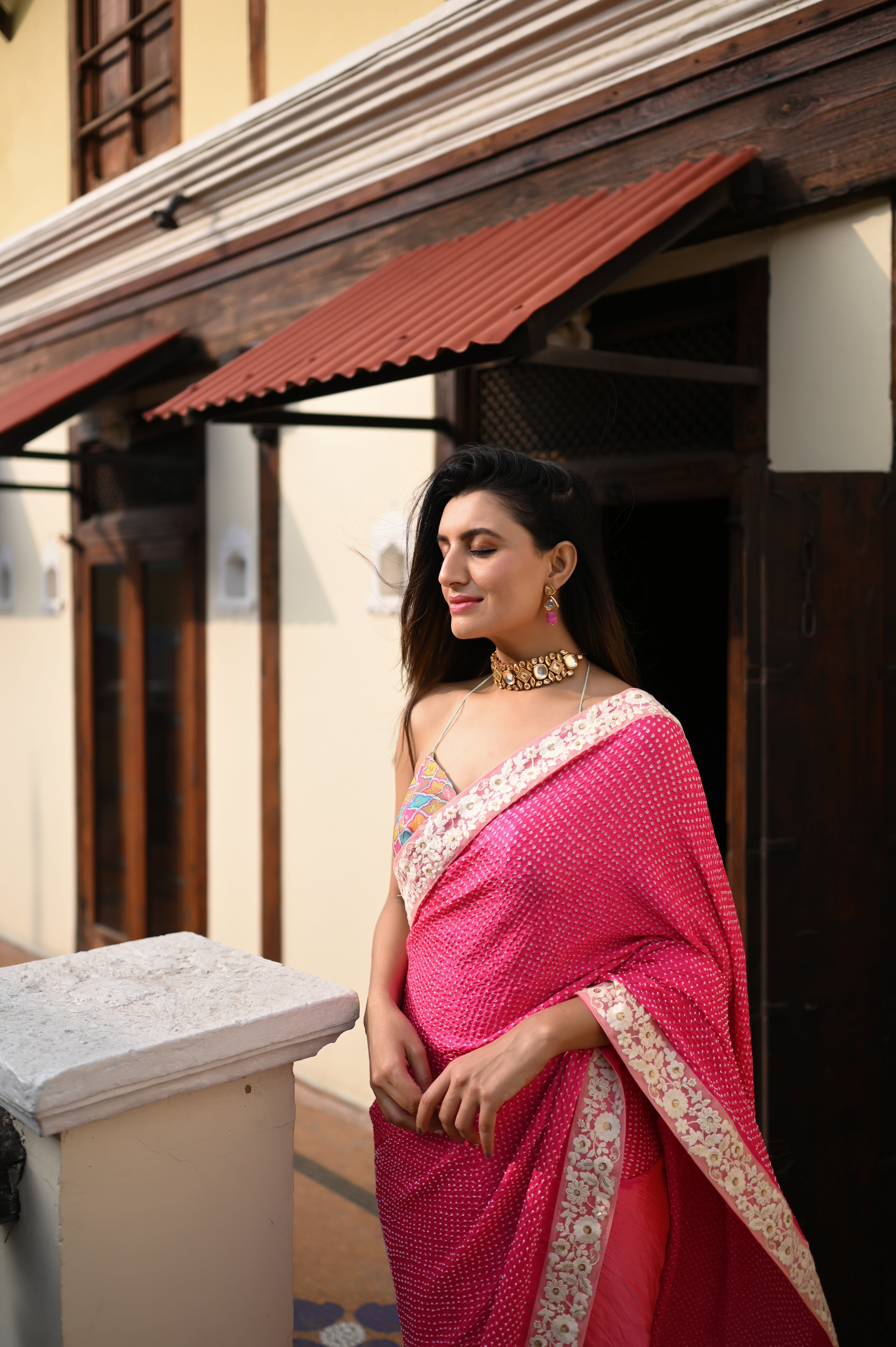 PINK YIN-YANG HALF DULL HALF EMPTY ETERNAL DOT BANDHANI SILK SAREE WITH LACE BORDER AND TASSELS