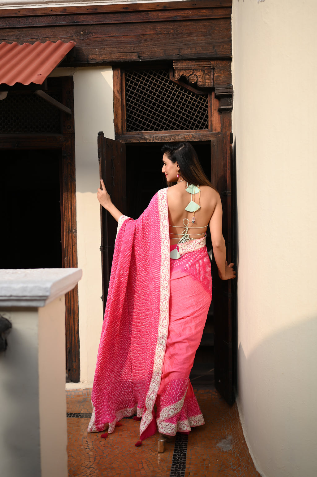 PINK YIN-YANG HALF DULL HALF EMPTY ETERNAL DOT BANDHANI SILK SAREE WITH LACE BORDER AND TASSELS
