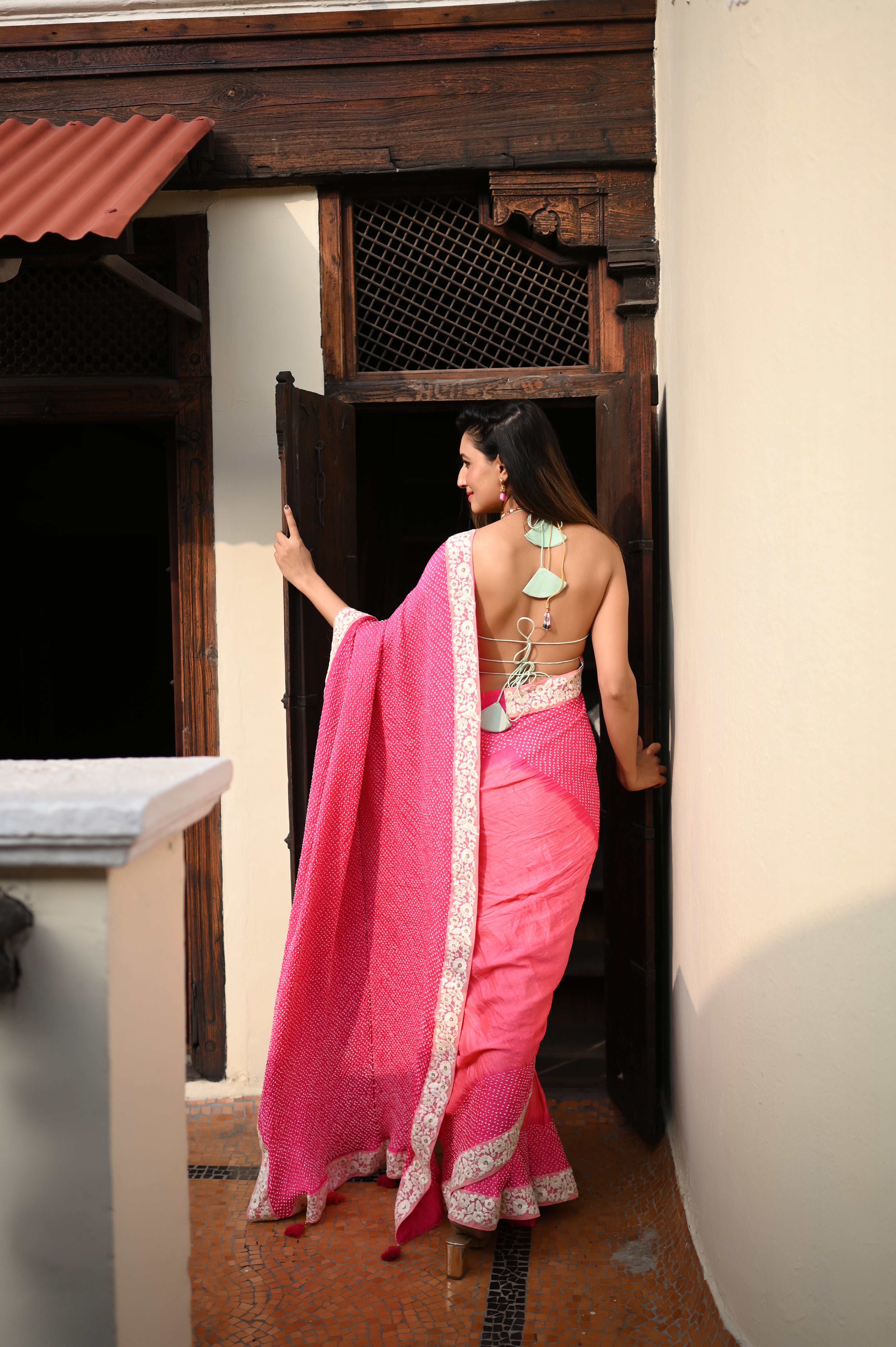 PINK YIN-YANG HALF DULL HALF EMPTY ETERNAL DOT BANDHANI SILK SAREE WITH LACE BORDER AND TASSELS