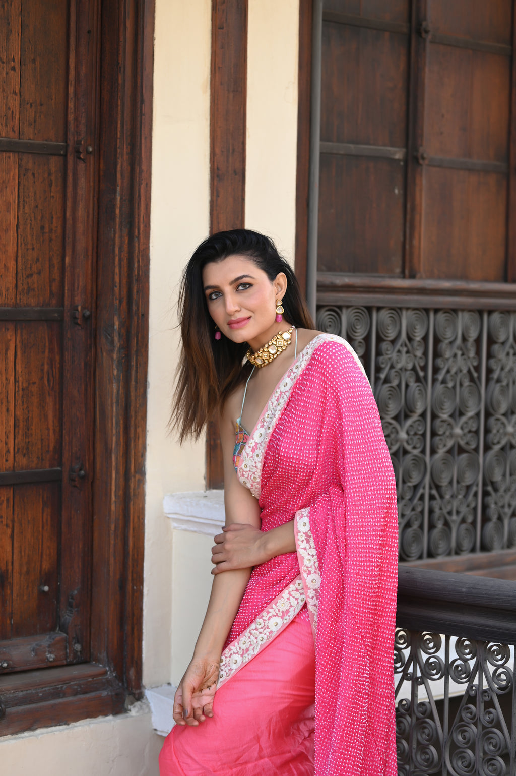 PINK YIN-YANG HALF DULL HALF EMPTY ETERNAL DOT BANDHANI SILK SAREE WITH LACE BORDER AND TASSELS