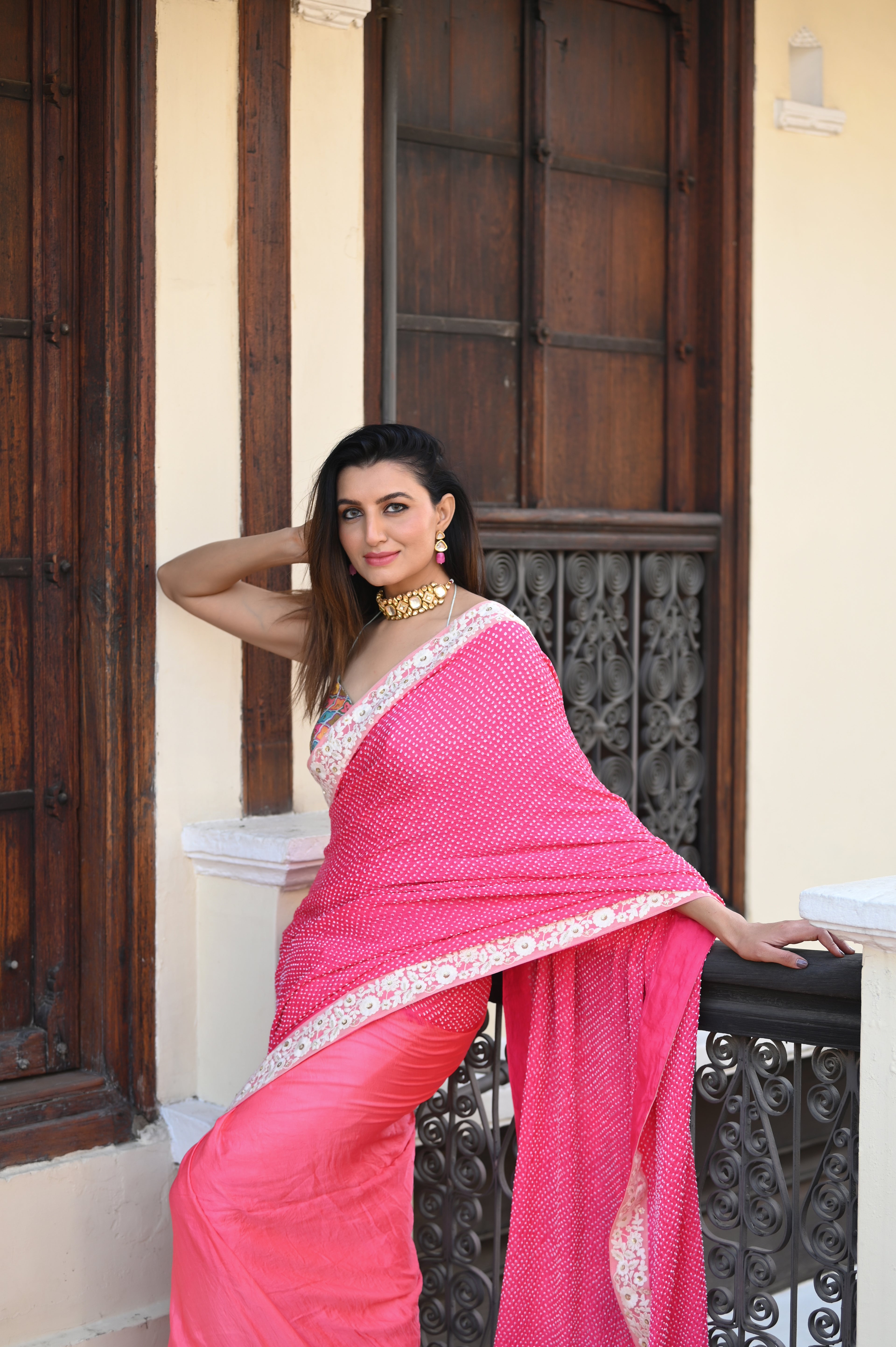 PINK YIN-YANG HALF DULL HALF EMPTY ETERNAL DOT BANDHANI SILK SAREE WITH LACE BORDER AND TASSELS