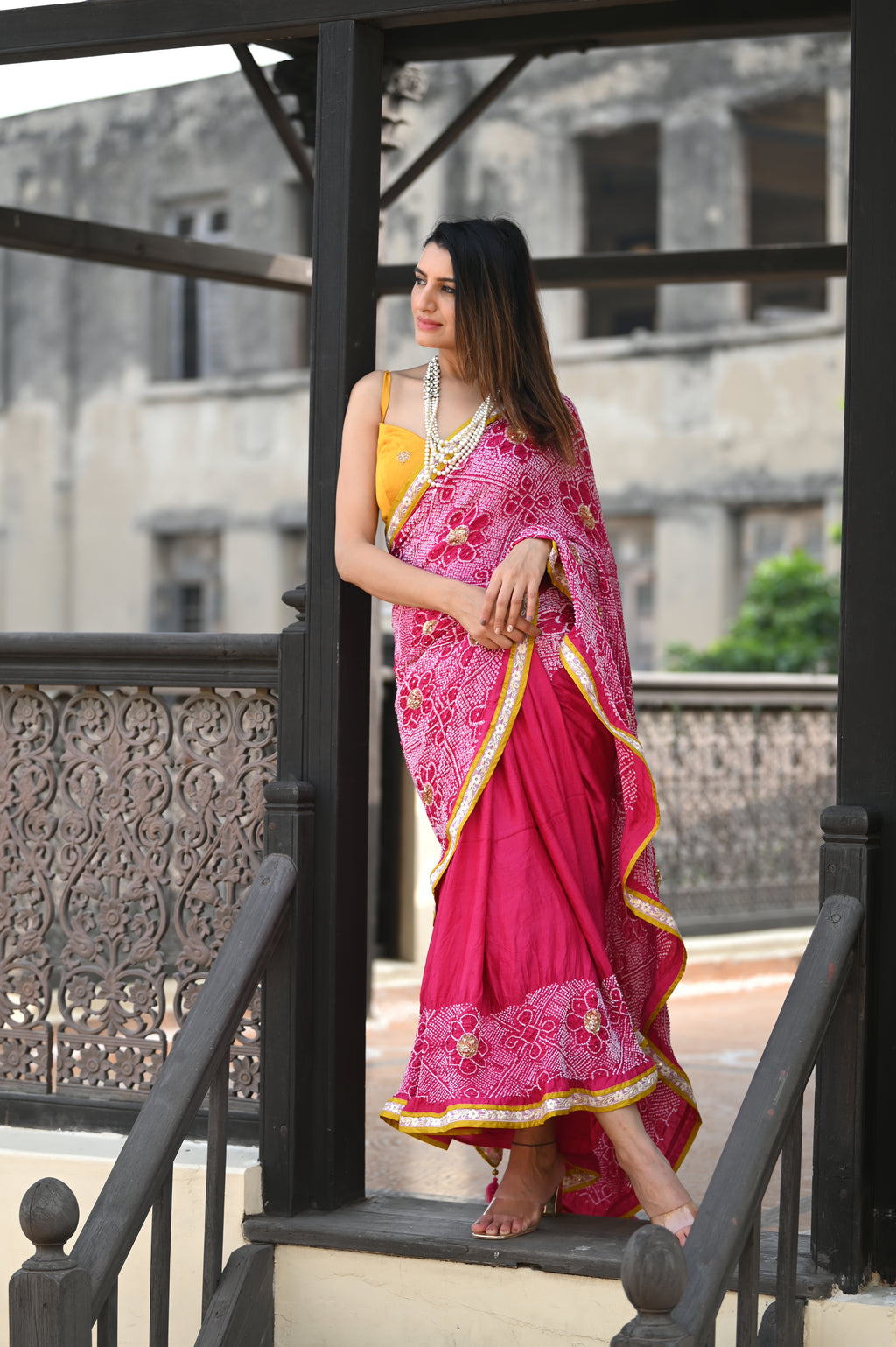 PINK YIN-YANG HALF FULL HALF EMPTY POPPY FLOWER BANDHANI SILK SAREE WITH SEQUIN WORK AND LAMPI BORDER
