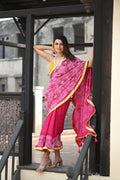 PINK YIN-YANG HALF FULL HALF EMPTY POPPY FLOWER BANDHANI SILK SAREE WITH SEQUIN WORK AND LAMPI BORDER