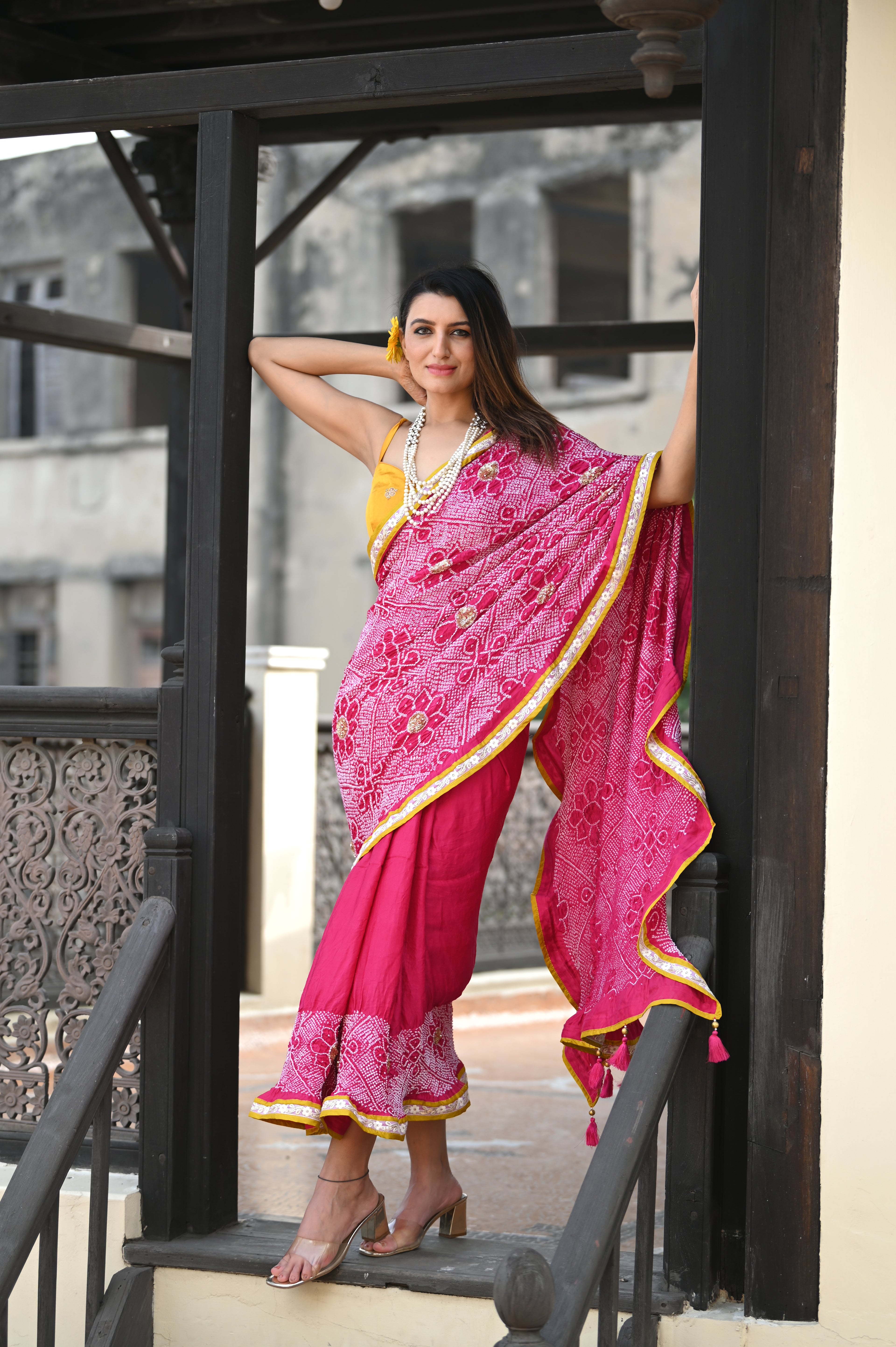 PINK YIN-YANG HALF FULL HALF EMPTY POPPY FLOWER BANDHANI SILK SAREE WITH SEQUIN WORK AND LAMPI BORDER