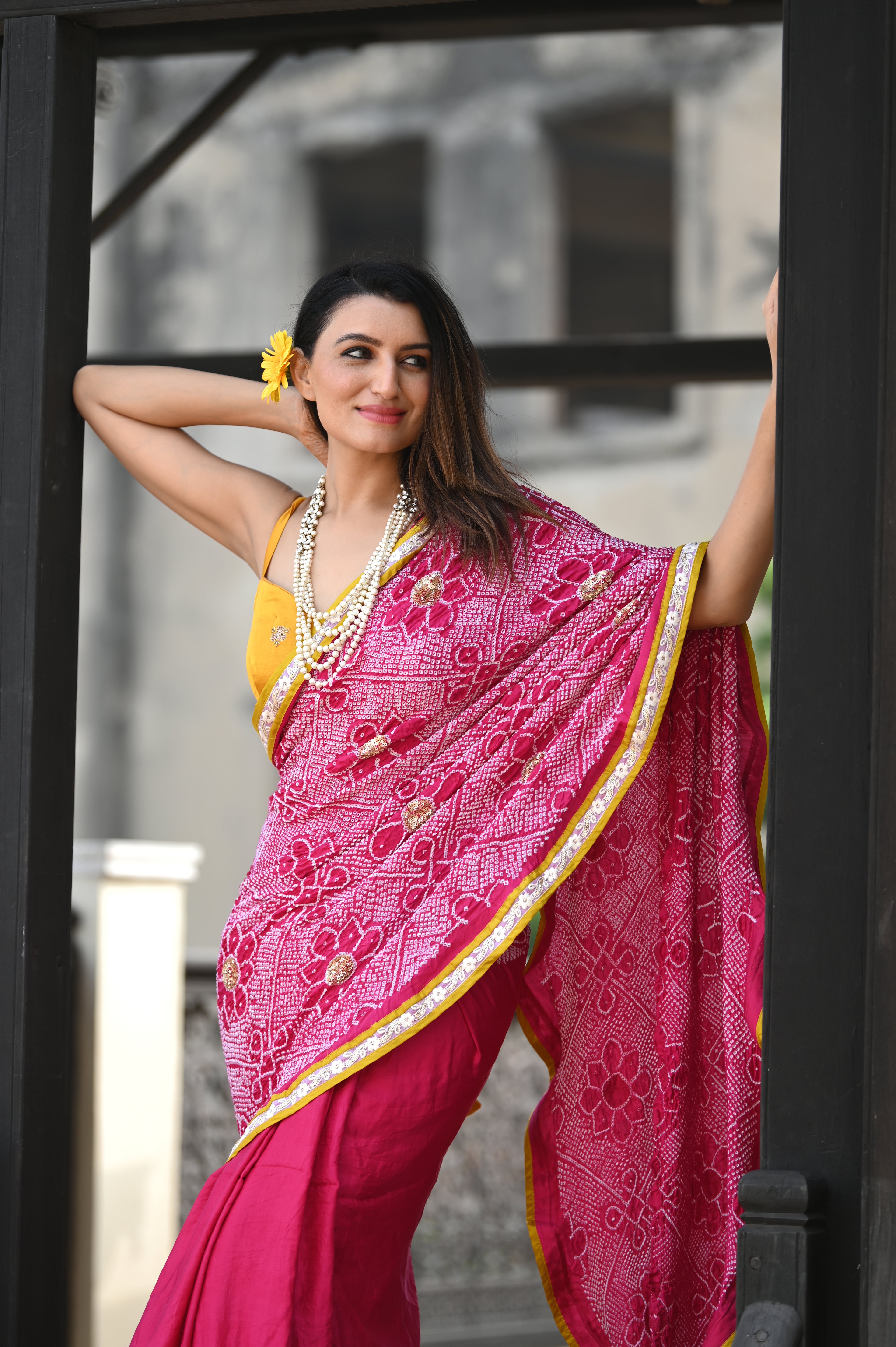 PINK YIN-YANG HALF FULL HALF EMPTY POPPY FLOWER BANDHANI SILK SAREE WITH SEQUIN WORK AND LAMPI BORDER