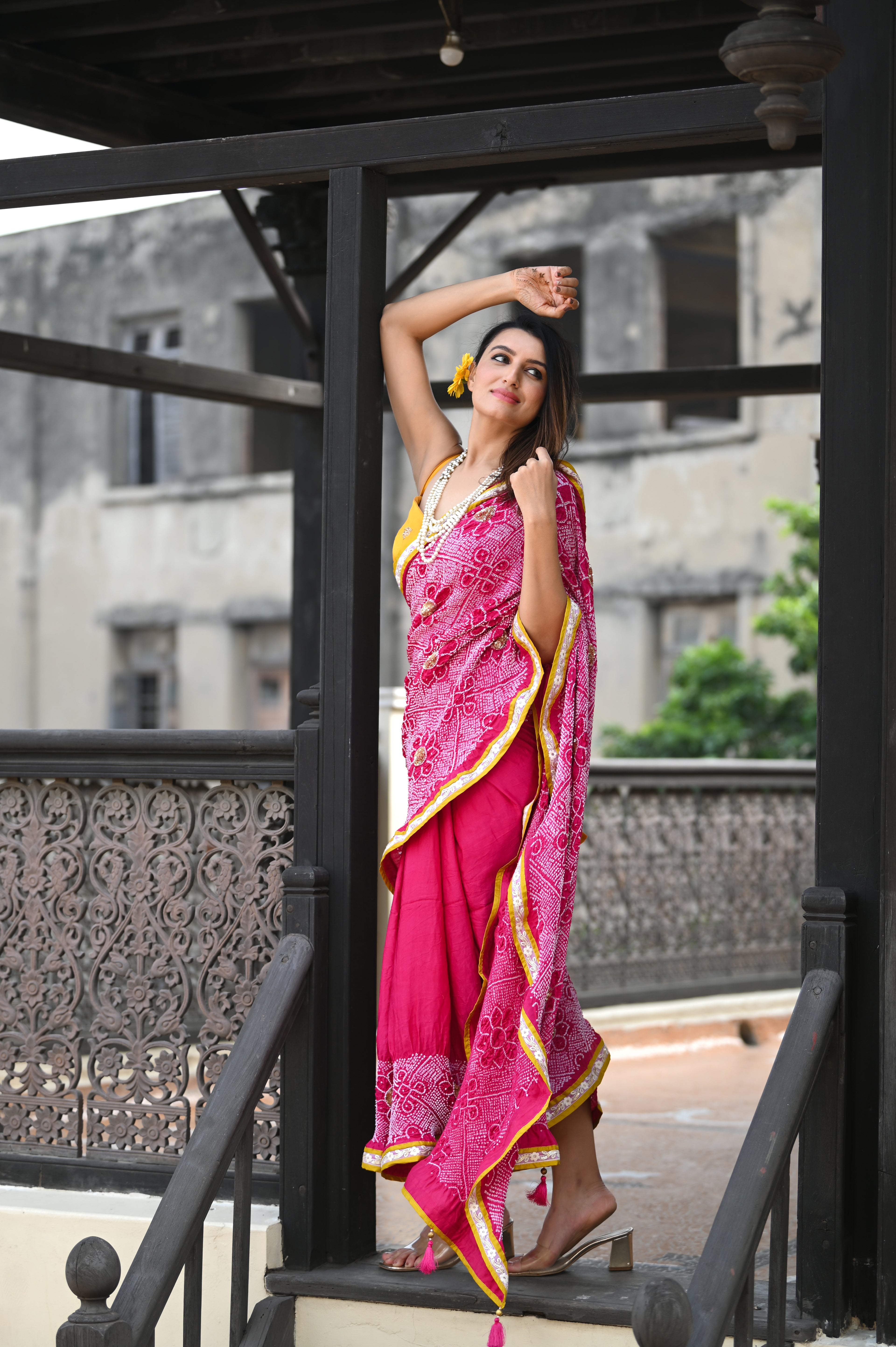 PINK YIN-YANG HALF FULL HALF EMPTY POPPY FLOWER BANDHANI SILK SAREE WITH SEQUIN WORK AND LAMPI BORDER