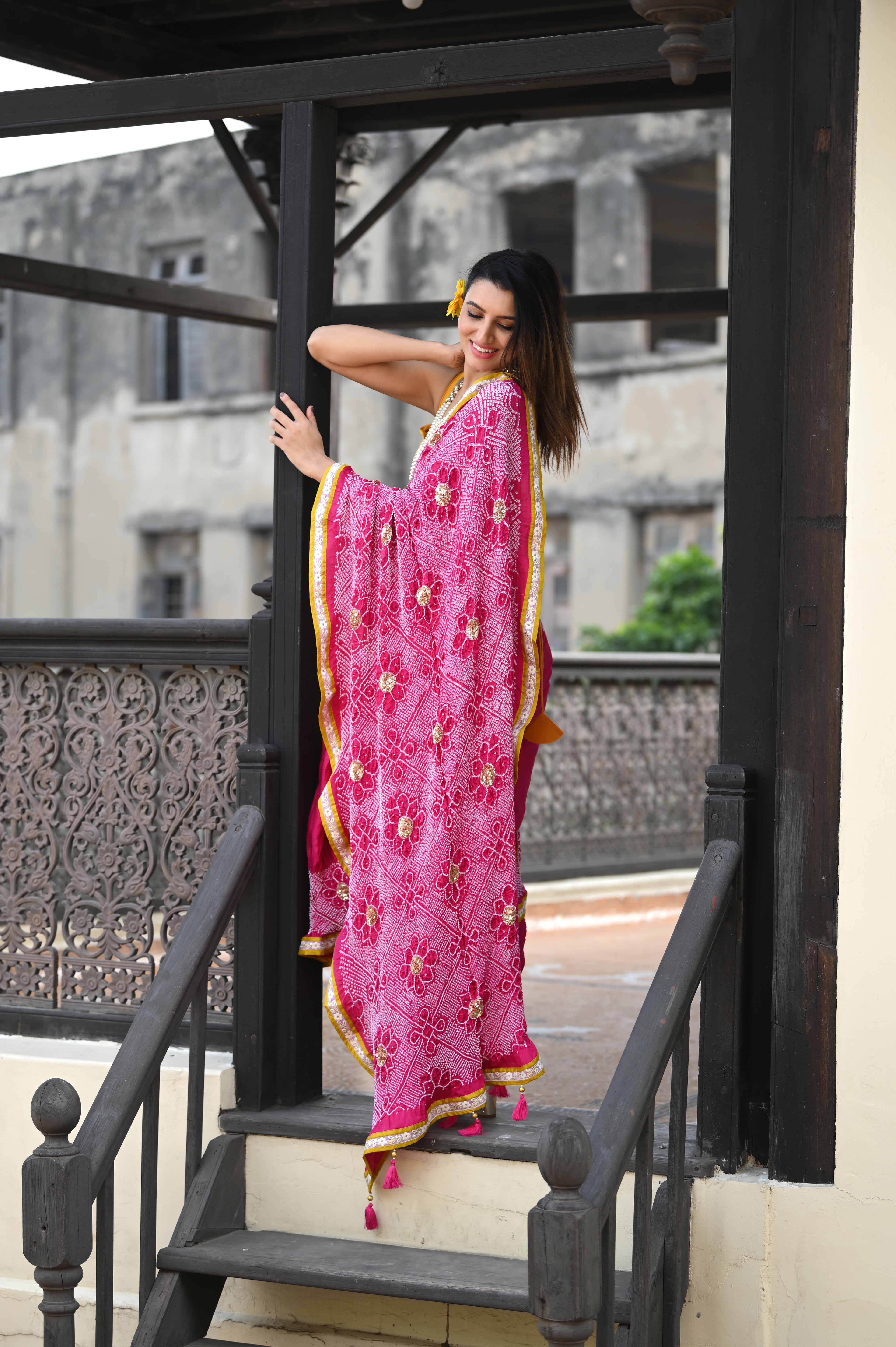 PINK YIN-YANG HALF FULL HALF EMPTY POPPY FLOWER BANDHANI SILK SAREE WITH SEQUIN WORK AND LAMPI BORDER