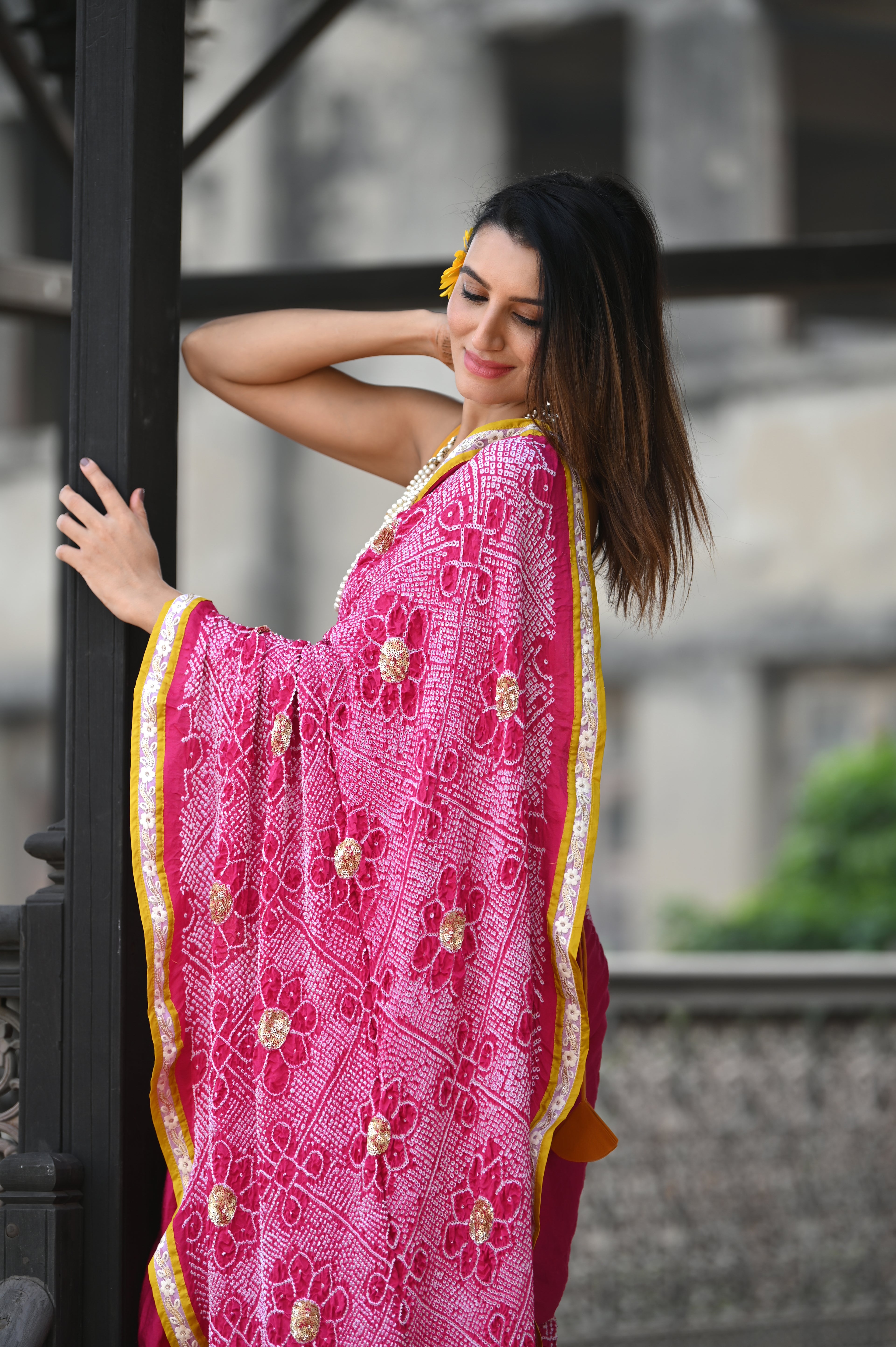 PINK YIN-YANG HALF FULL HALF EMPTY POPPY FLOWER BANDHANI SILK SAREE WITH SEQUIN WORK AND LAMPI BORDER