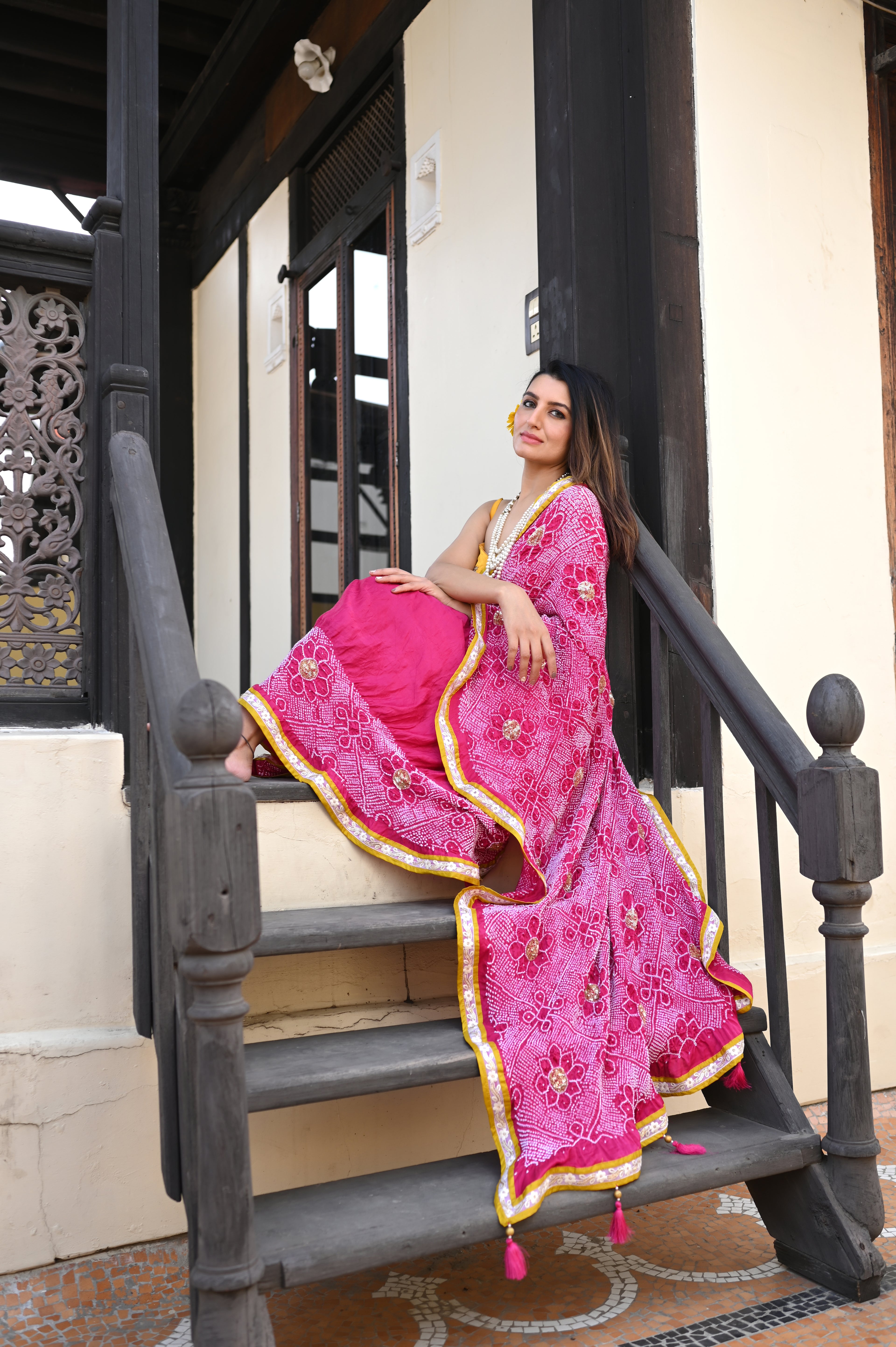 PINK YIN-YANG HALF FULL HALF EMPTY POPPY FLOWER BANDHANI SILK SAREE WITH SEQUIN WORK AND LAMPI BORDER