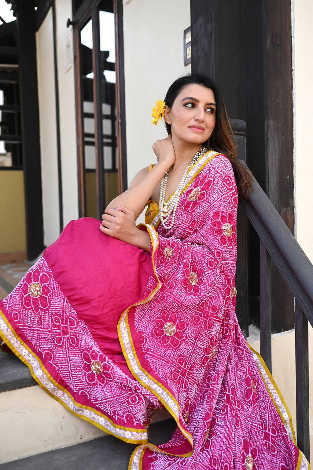 PINK YIN-YANG HALF FULL HALF EMPTY POPPY FLOWER BANDHANI SILK SAREE WITH SEQUIN WORK AND LAMPI BORDER