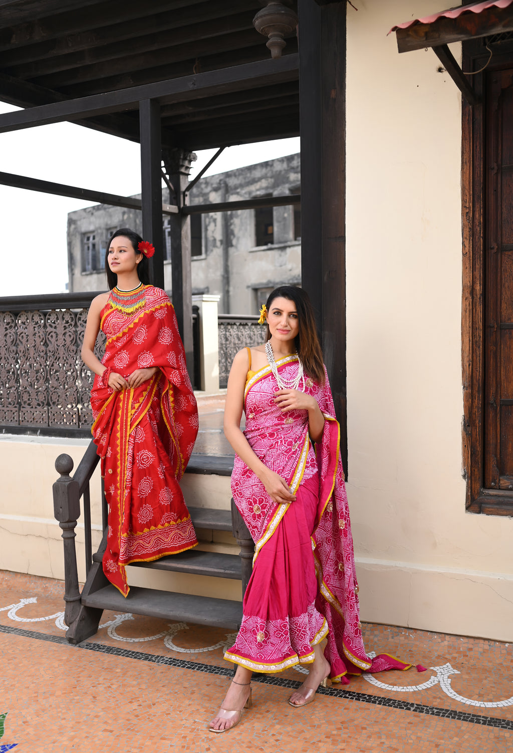 PINK YIN-YANG HALF FULL HALF EMPTY POPPY FLOWER BANDHANI SILK SAREE WITH SEQUIN WORK AND LAMPI BORDER