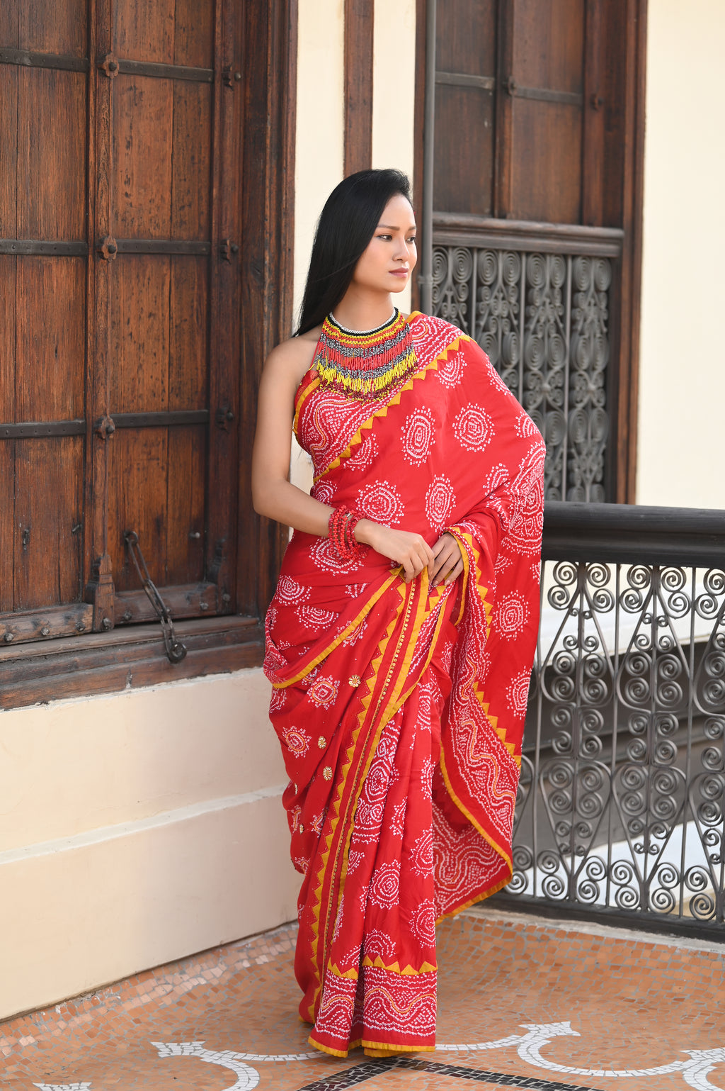 RED CLASSIC TRADITIONAL LADDU BANDHANI SILK SAREE WITH APPLIQUE BORDER AND EMBROIDERY