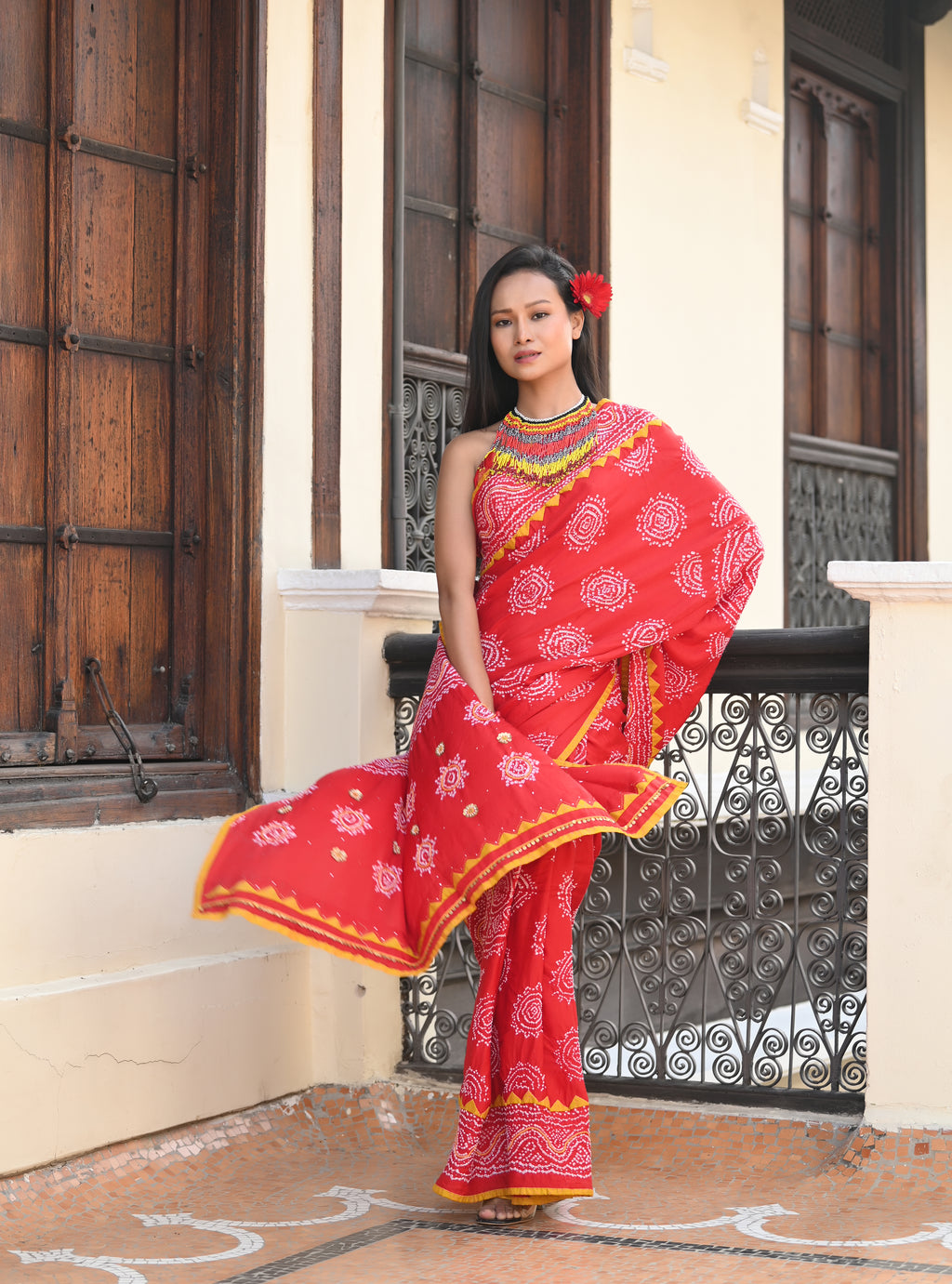 RED CLASSIC TRADITIONAL LADDU BANDHANI SILK SAREE WITH APPLIQUE BORDER AND EMBROIDERY