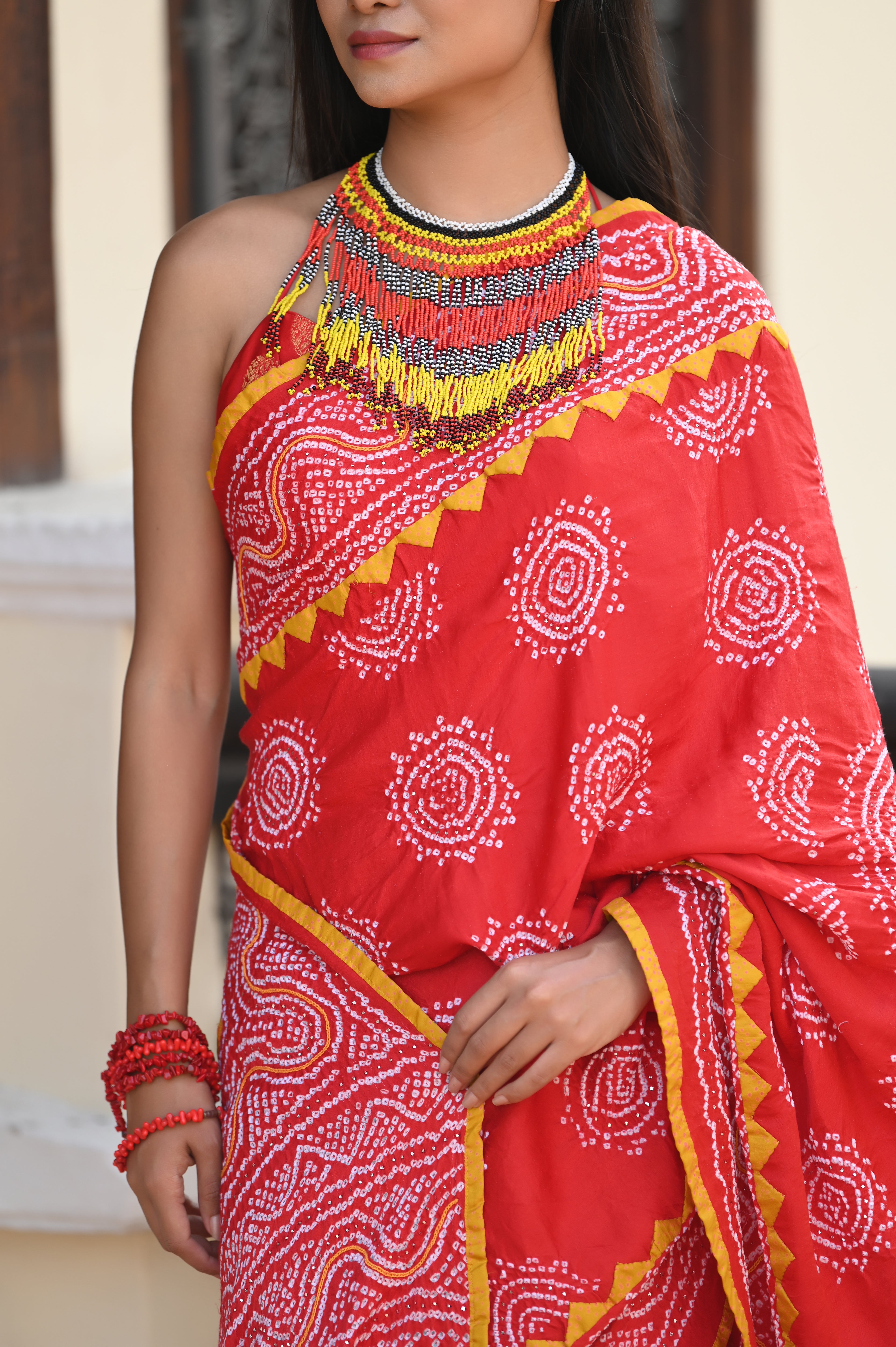 RED CLASSIC TRADITIONAL LADDU BANDHANI SILK SAREE WITH APPLIQUE BORDER AND EMBROIDERY