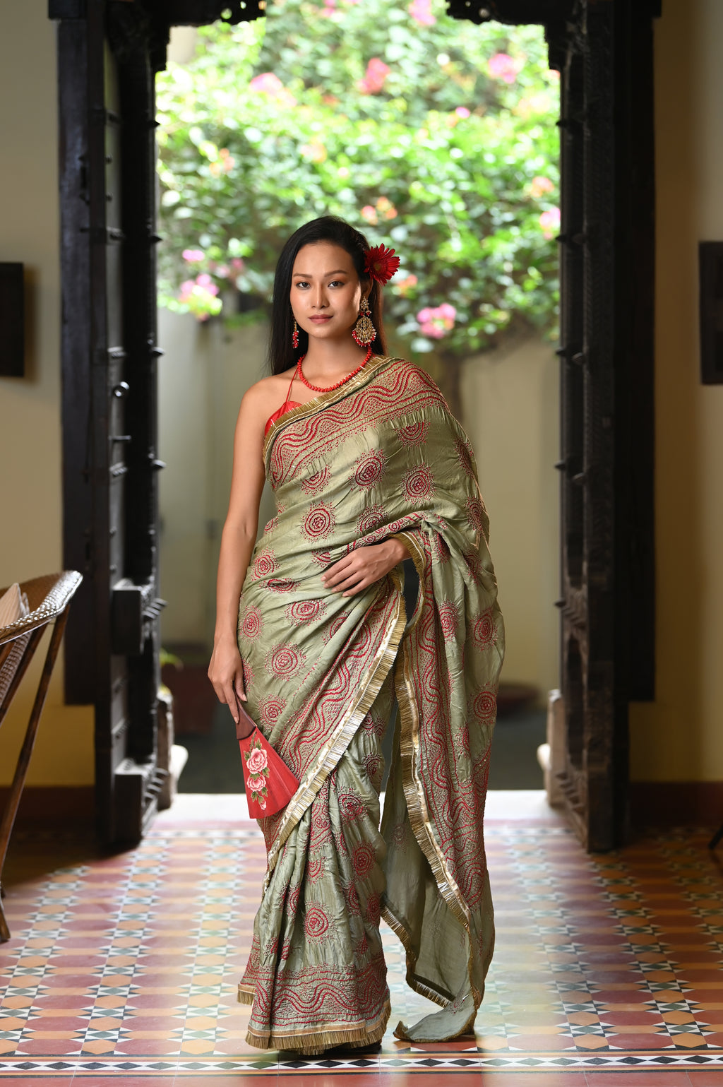 LIGHT GREEN CLASSIC TRADITIONAL LADDU BANDHANI SILK SAREE WITH MUKAISH WORK AND KIRAN BORDER