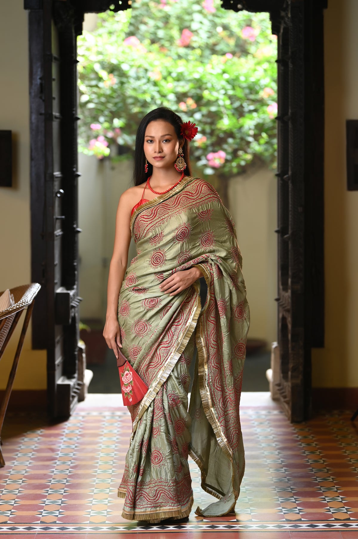 LADDU BANDHANI SILK SAREE WITH MUKAISH WORK AND KIRAN BORDER OLIVE GREEN