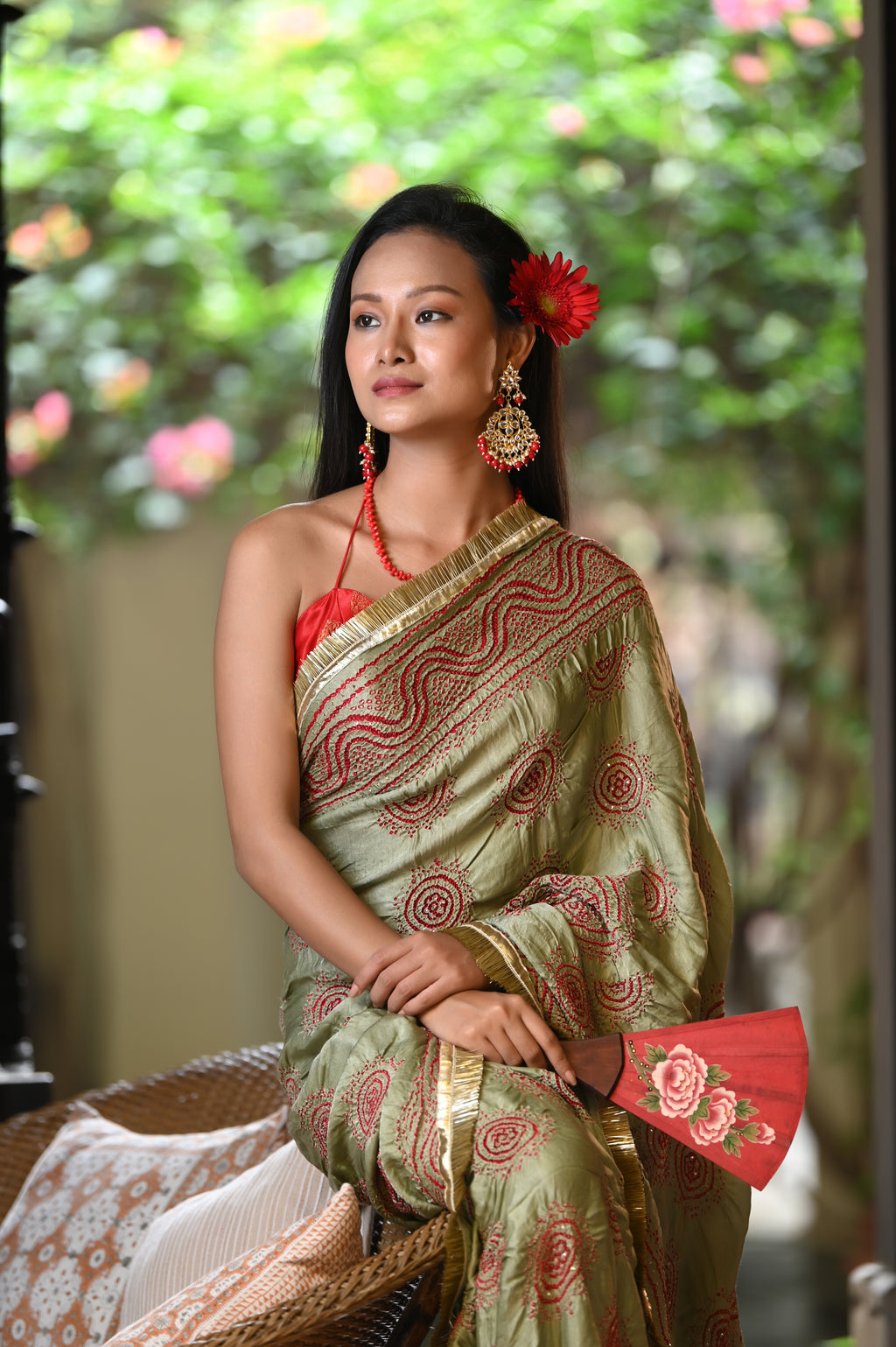 LIGHT GREEN CLASSIC TRADITIONAL LADDU BANDHANI SILK SAREE WITH MUKAISH WORK AND KIRAN BORDER