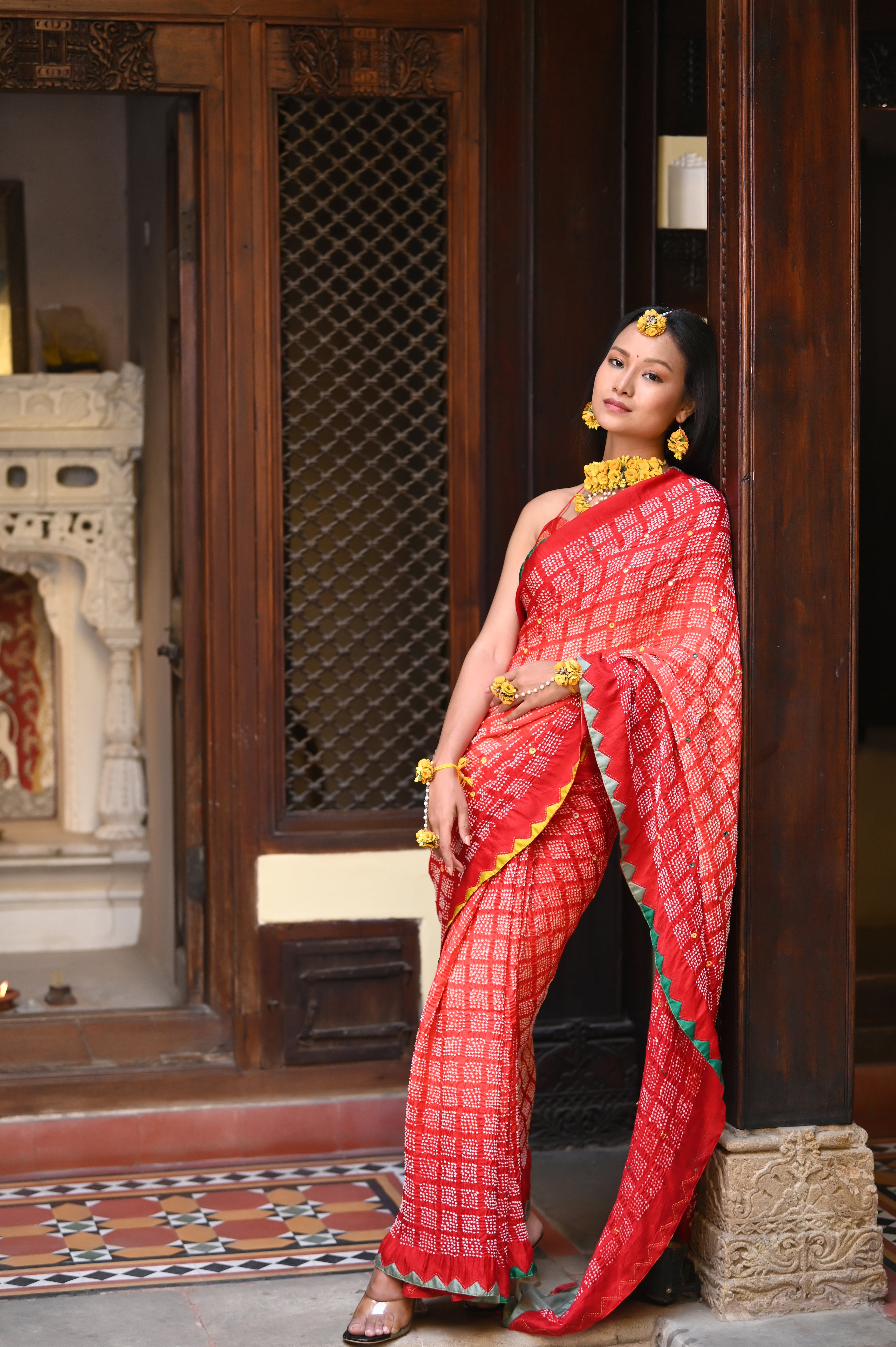 RED SQUARE 2 GEOMETRIC BANDHANI SILK SAREE WITH APPLIQUE BORDER AND MIRROR WORK