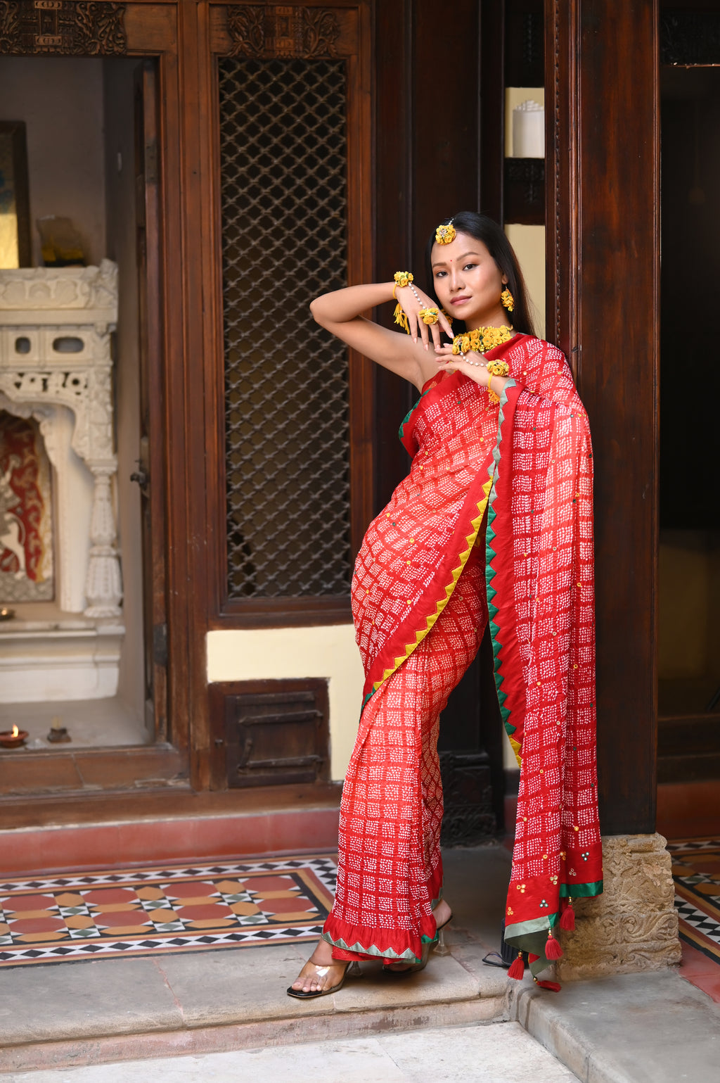 RED SQUARE 2 GEOMETRIC BANDHANI SILK SAREE WITH APPLIQUE BORDER AND MIRROR WORK