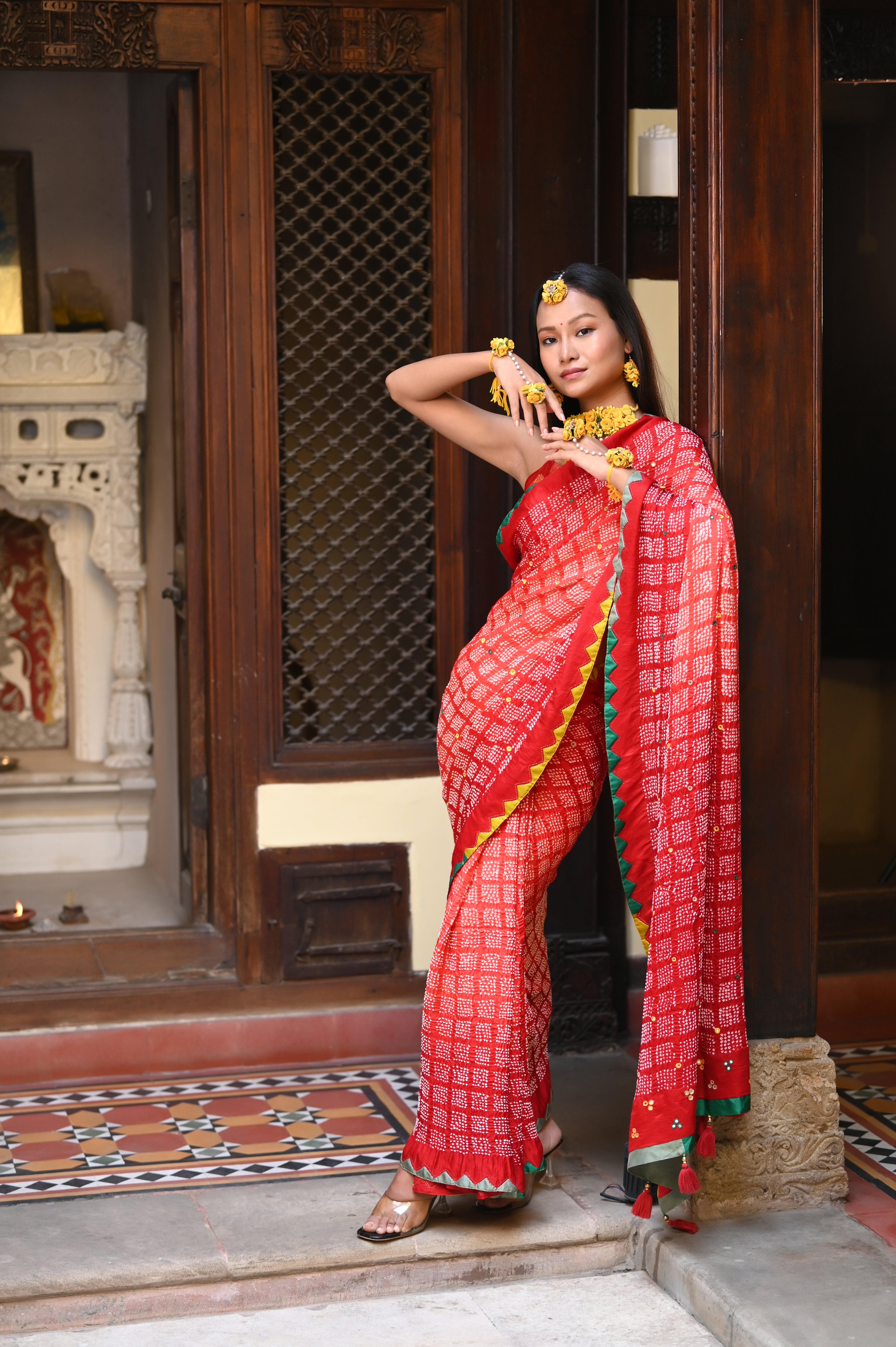 RED SQUARE 2 GEOMETRIC BANDHANI SILK SAREE WITH APPLIQUE BORDER AND MIRROR WORK