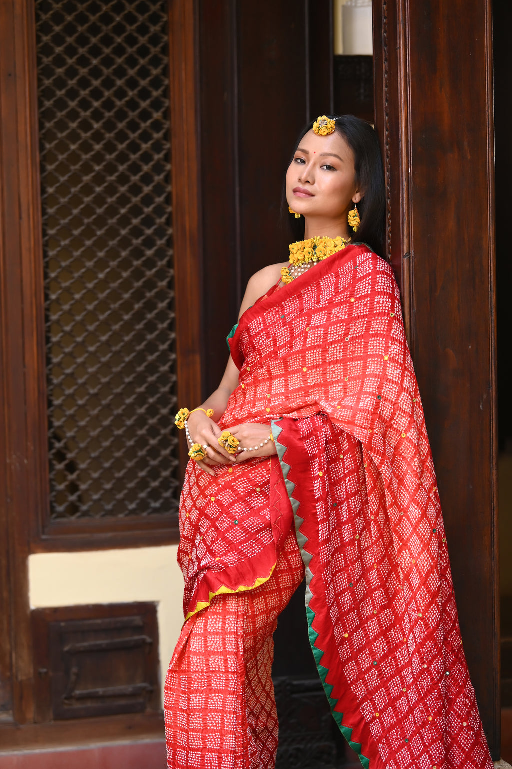 RED SQUARE 2 GEOMETRIC BANDHANI SILK SAREE WITH APPLIQUE BORDER AND MIRROR WORK