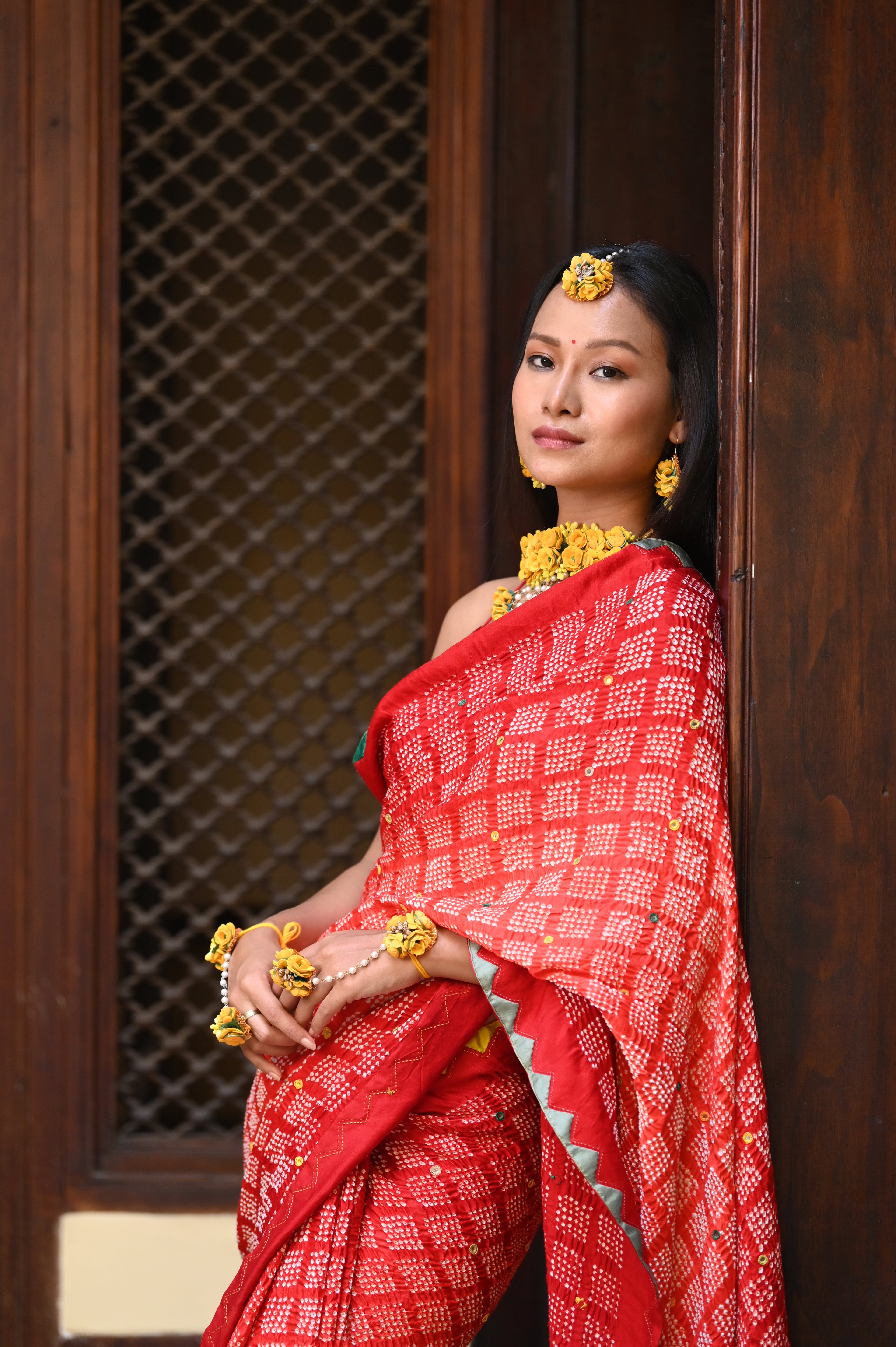 RED SQUARE 2 GEOMETRIC BANDHANI SILK SAREE WITH APPLIQUE BORDER AND MIRROR WORK