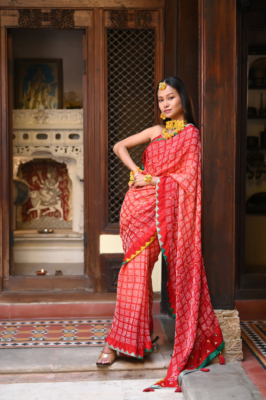 RED SQUARE 2 GEOMETRIC BANDHANI SILK SAREE WITH APPLIQUE BORDER AND MIRROR WORK