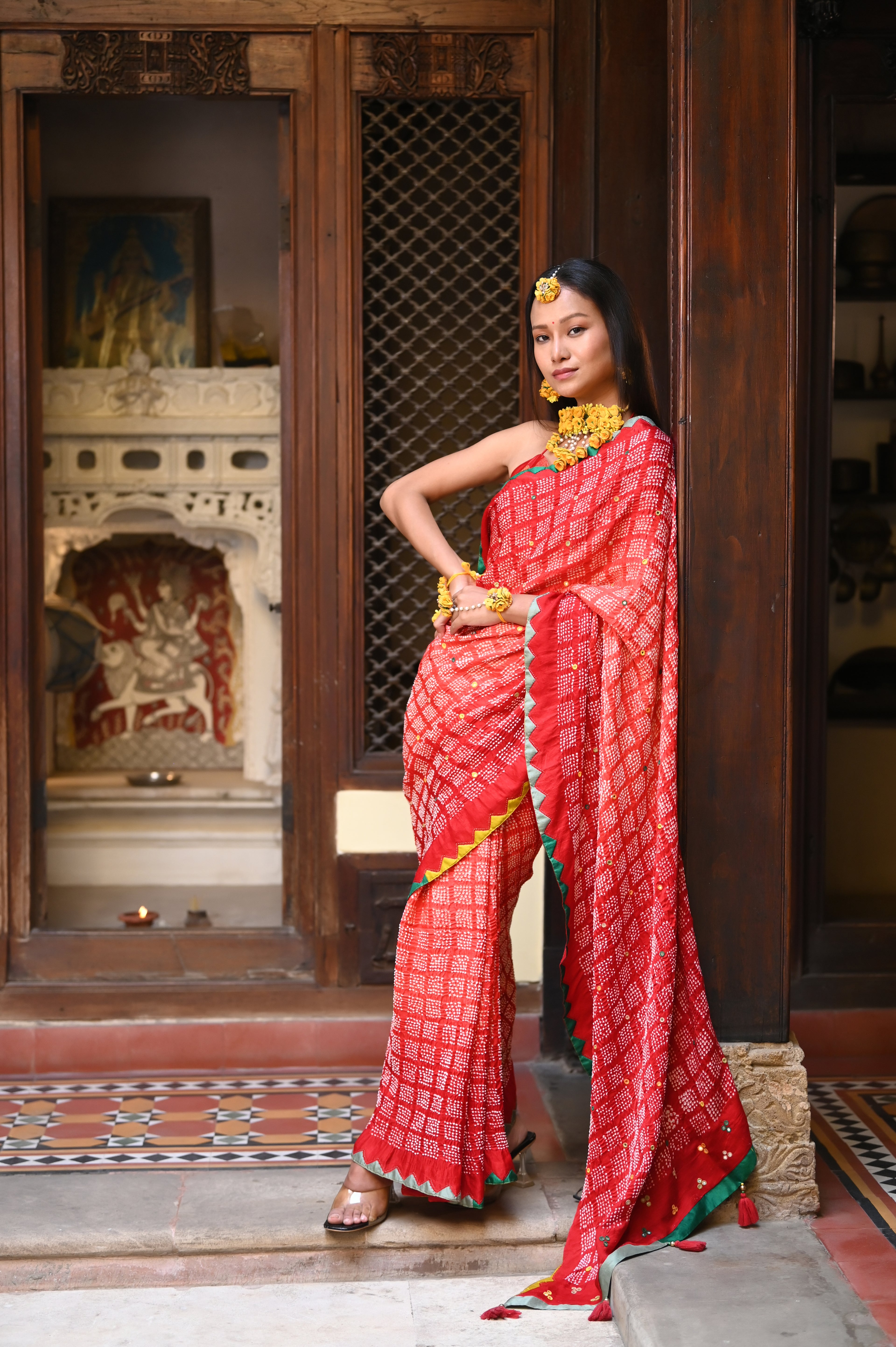 RED SQUARE 2 GEOMETRIC BANDHANI SILK SAREE WITH APPLIQUE BORDER AND MIRROR WORK