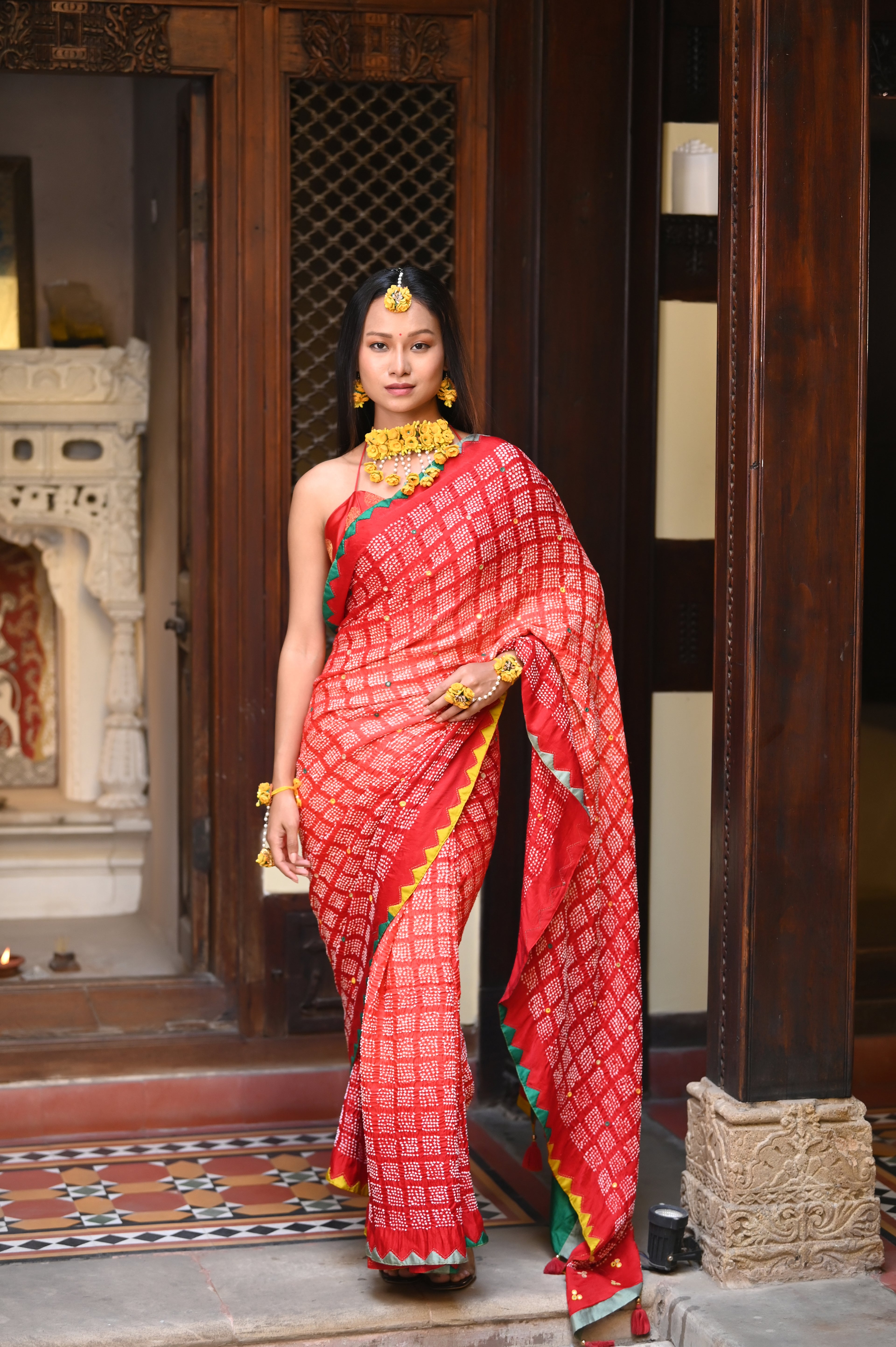 RED SQUARE 2 GEOMETRIC BANDHANI SILK SAREE WITH APPLIQUE BORDER AND MIRROR WORK
