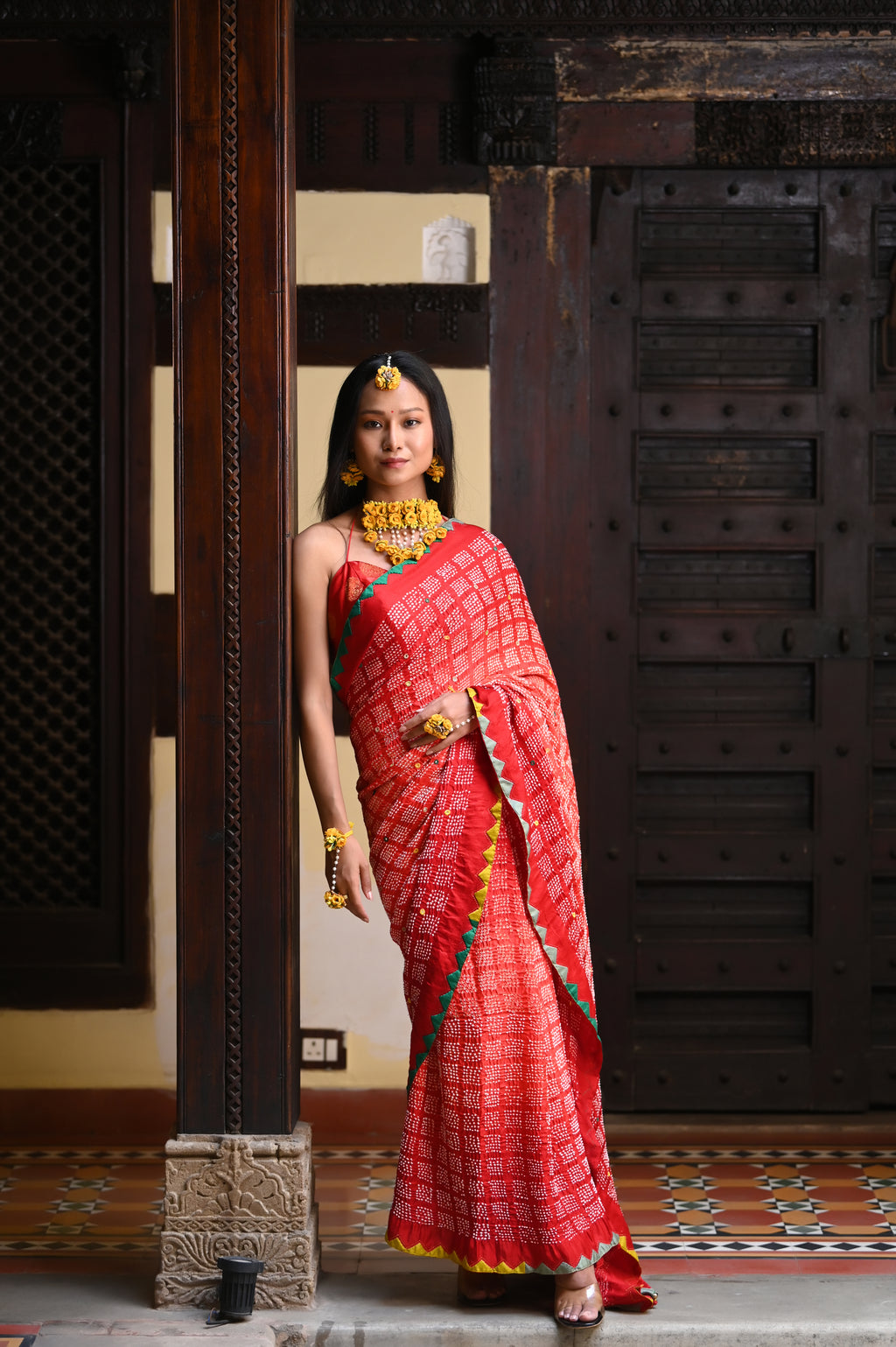 RED SQUARE 2 GEOMETRIC BANDHANI SILK SAREE WITH APPLIQUE BORDER AND MIRROR WORK