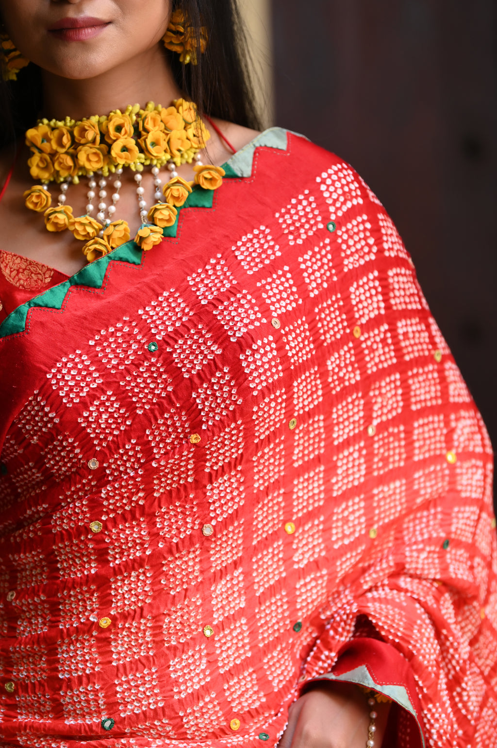 RED SQUARE 2 GEOMETRIC BANDHANI SILK SAREE WITH APPLIQUE BORDER AND MIRROR WORK