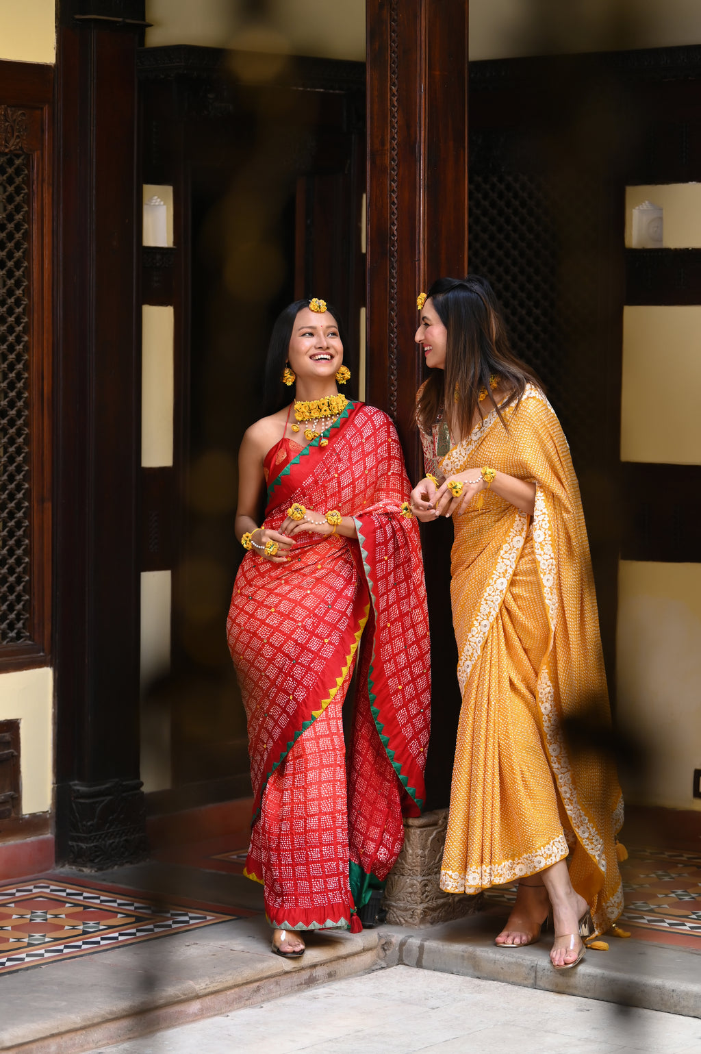YELLOW ETERNAL DOTS BANDHANI SILK SAREE WITH LACE BORDER AND TASSELS