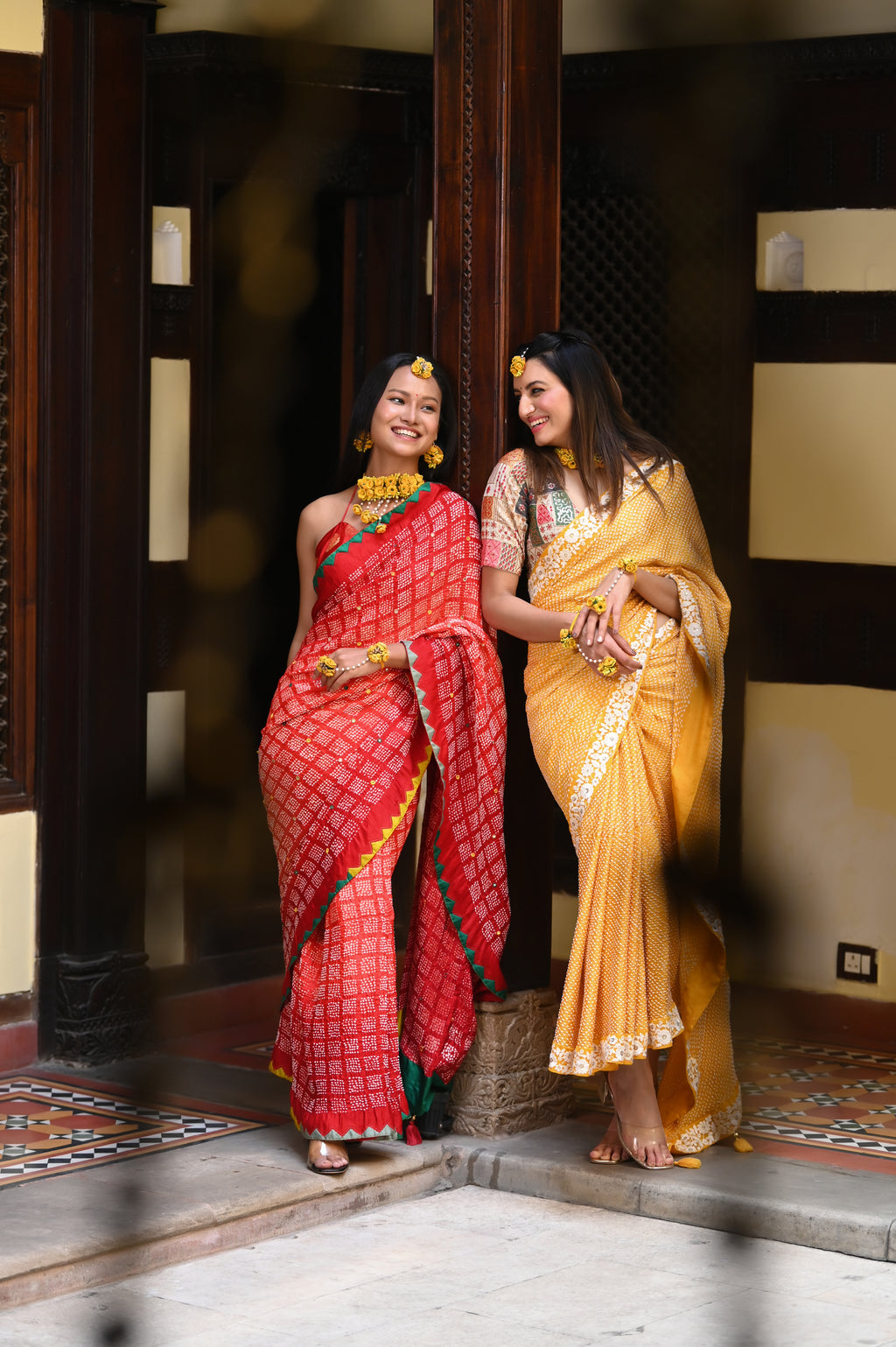 YELLOW ETERNAL DOTS BANDHANI SILK SAREE WITH LACE BORDER AND TASSELS