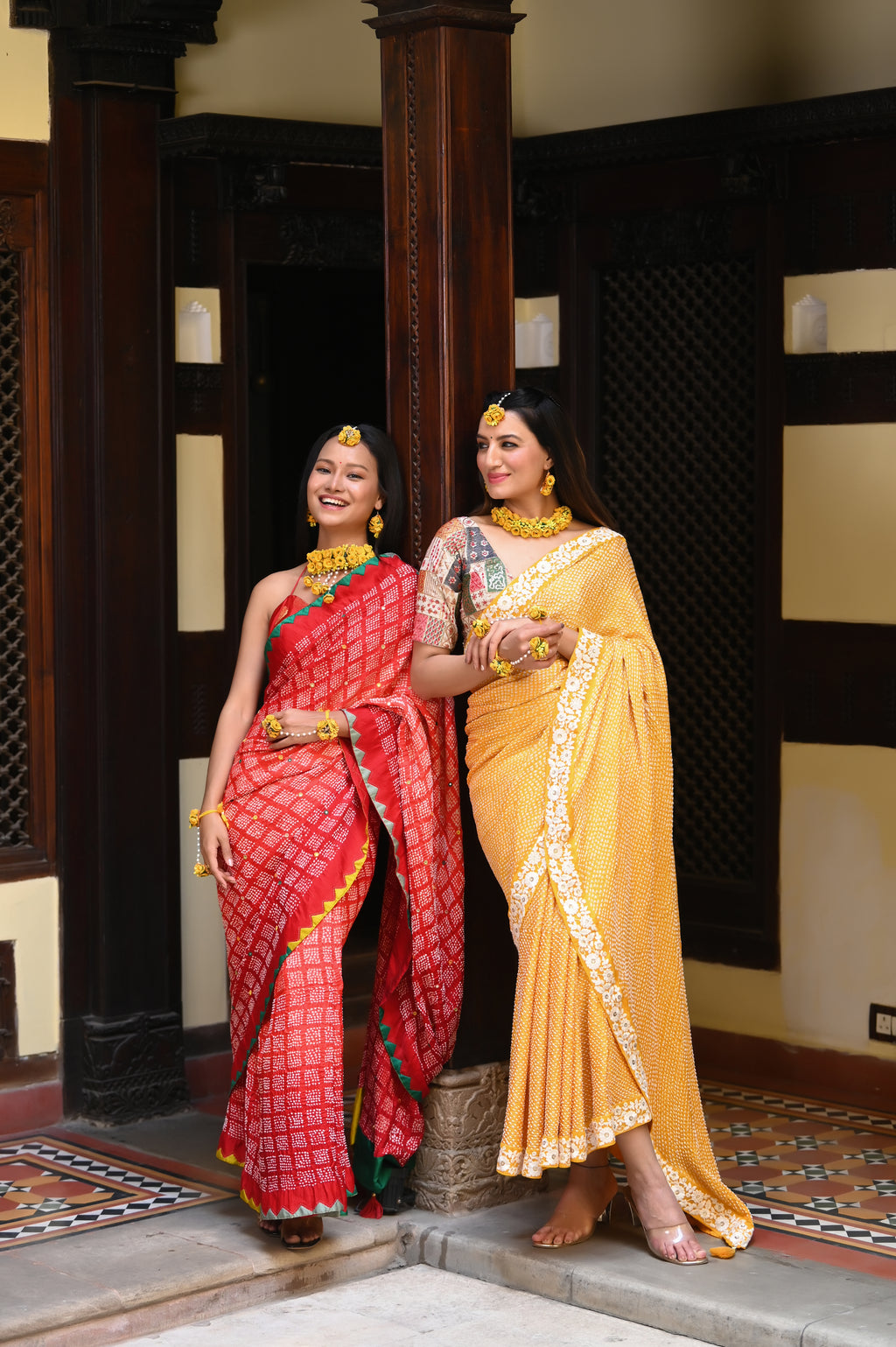 RED SQUARE 2 GEOMETRIC BANDHANI SILK SAREE WITH APPLIQUE BORDER AND MIRROR WORK