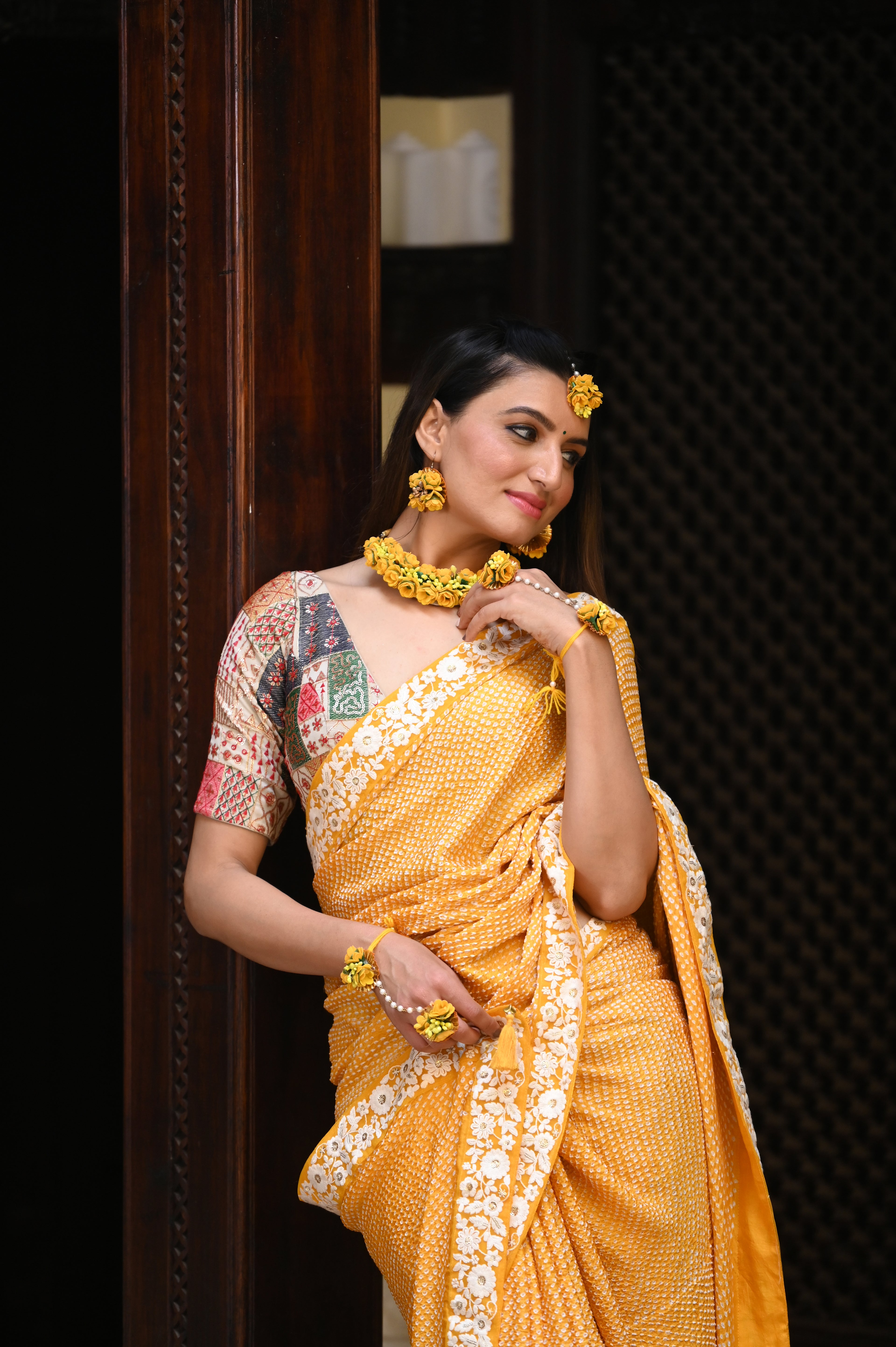 YELLOW ETERNAL DOTS BANDHANI SILK SAREE WITH LACE BORDER AND TASSELS