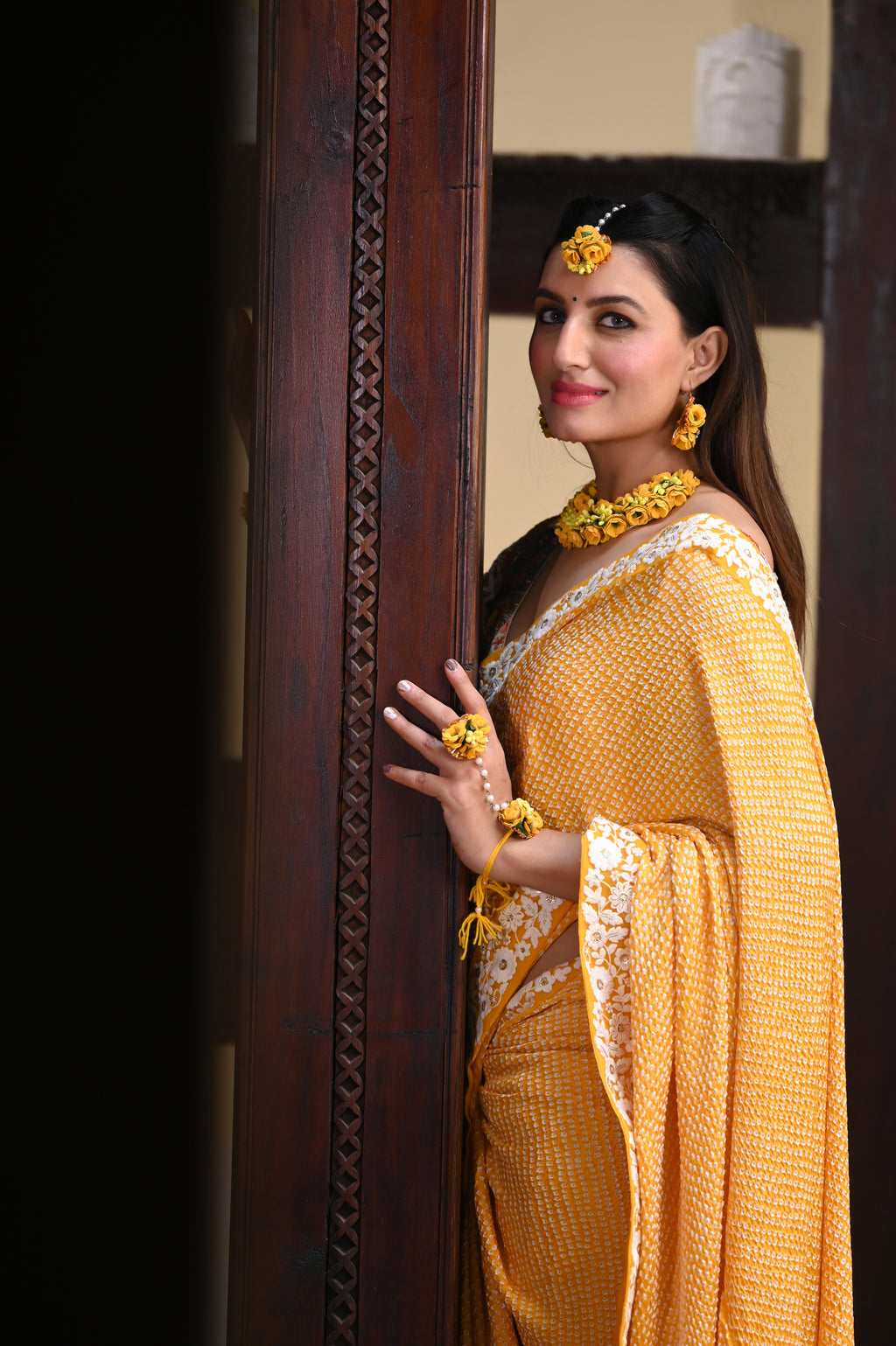 YELLOW ETERNAL DOTS BANDHANI SILK SAREE WITH LACE BORDER AND TASSELS