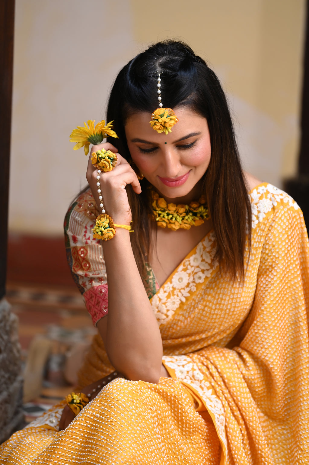 YELLOW ETERNAL DOTS BANDHANI SILK SAREE WITH LACE BORDER AND TASSELS
