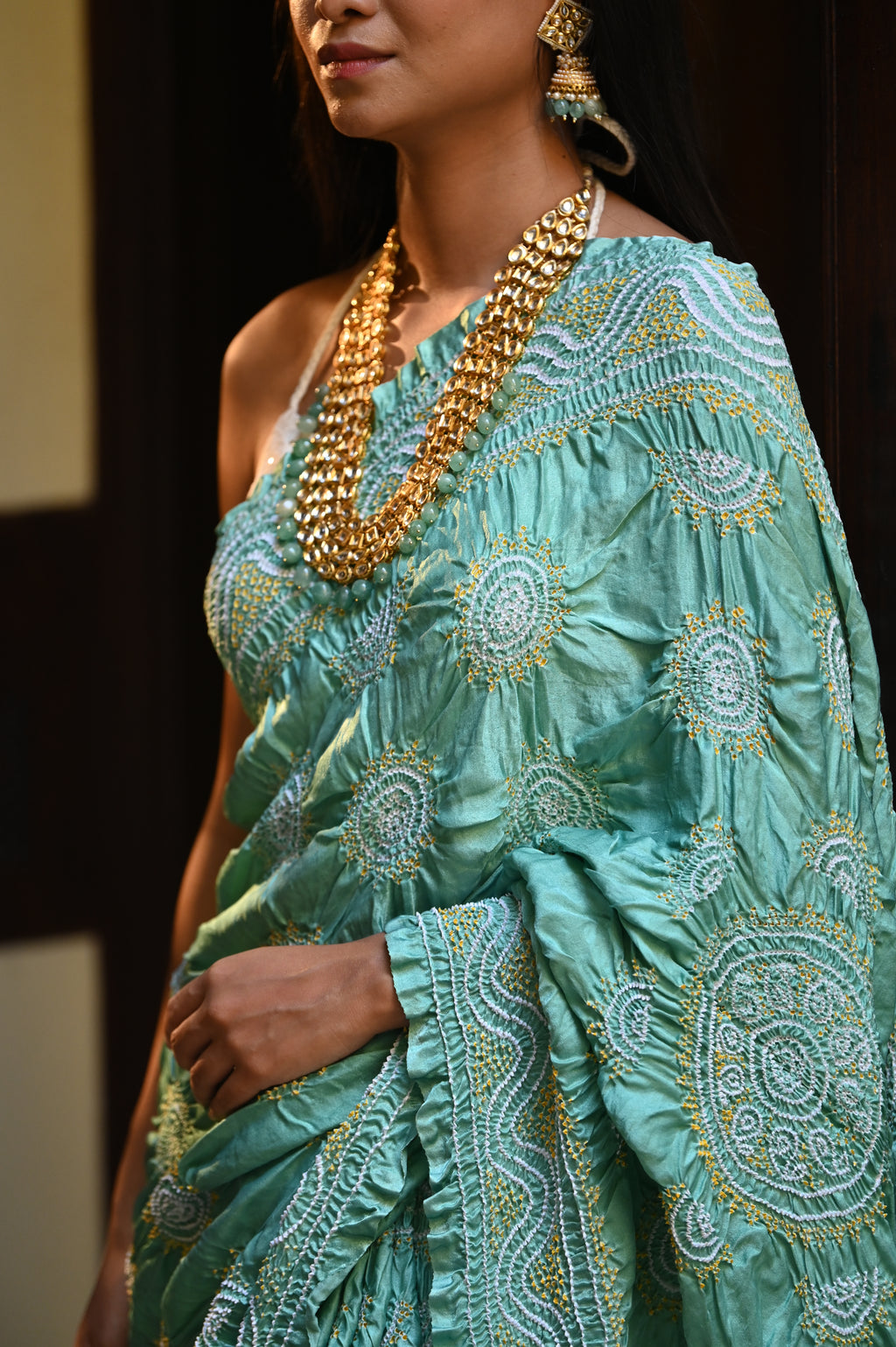 LIGHT GREEN CLASSIC TRADITIONAL LADDU BANDHANI SILK SAREE