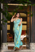 LIGHT BLUE LINES AND DOTS BANDHANI SILK SAREE