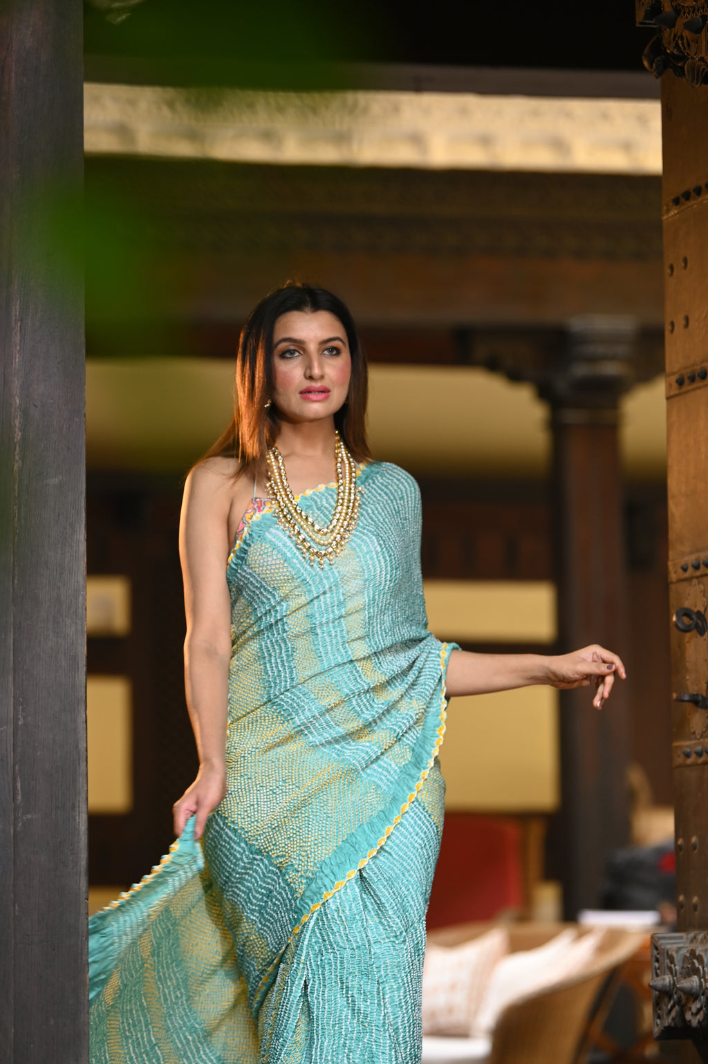 LIGHT BLUE LINES AND DOTS BANDHANI SILK SAREE