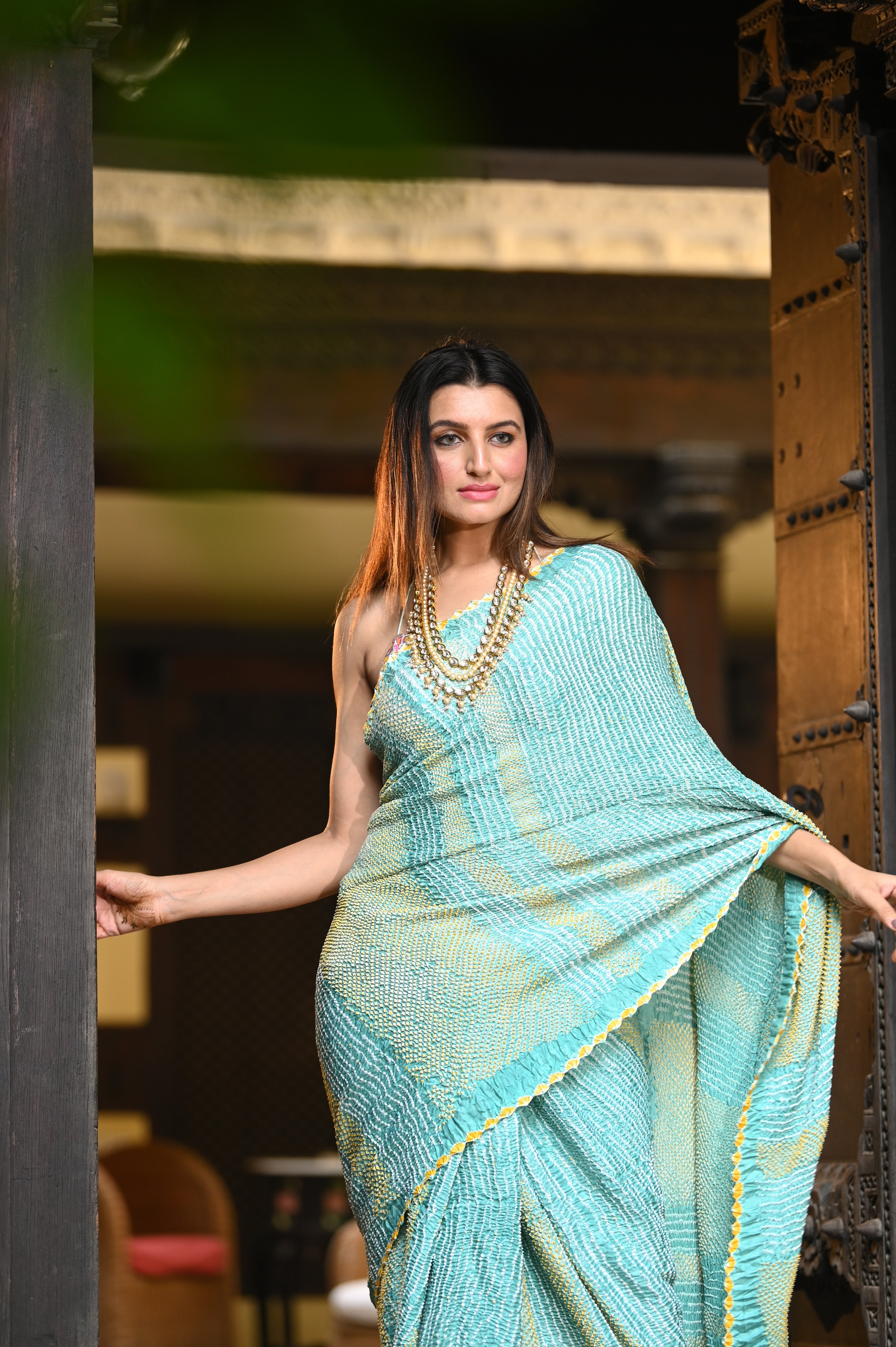 LIGHT BLUE LINES AND DOTS BANDHANI SILK SAREE