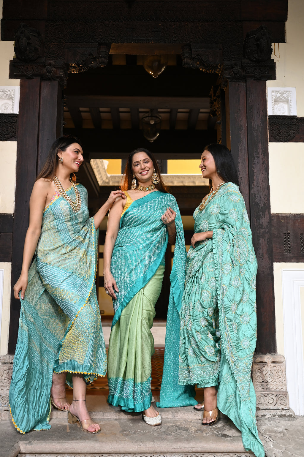 GREEN-BLUE YIN-YANG HALF FULL HALF EMPTY ETERNAL DOT BANDHANI SILK SAREE