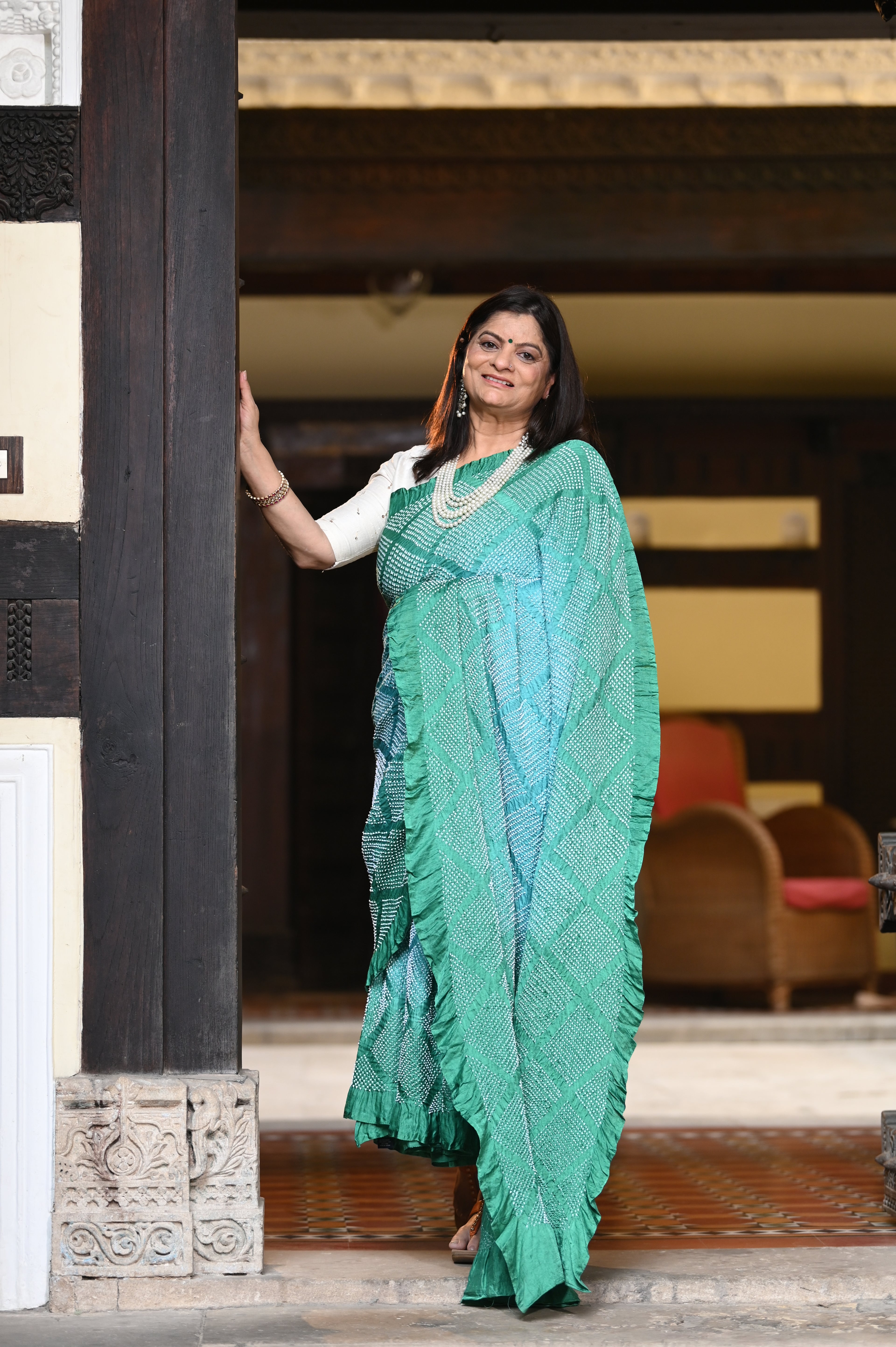 LIGHT GREEN DIAMOND GEOMETRIC BANDHANI SILK SAREE