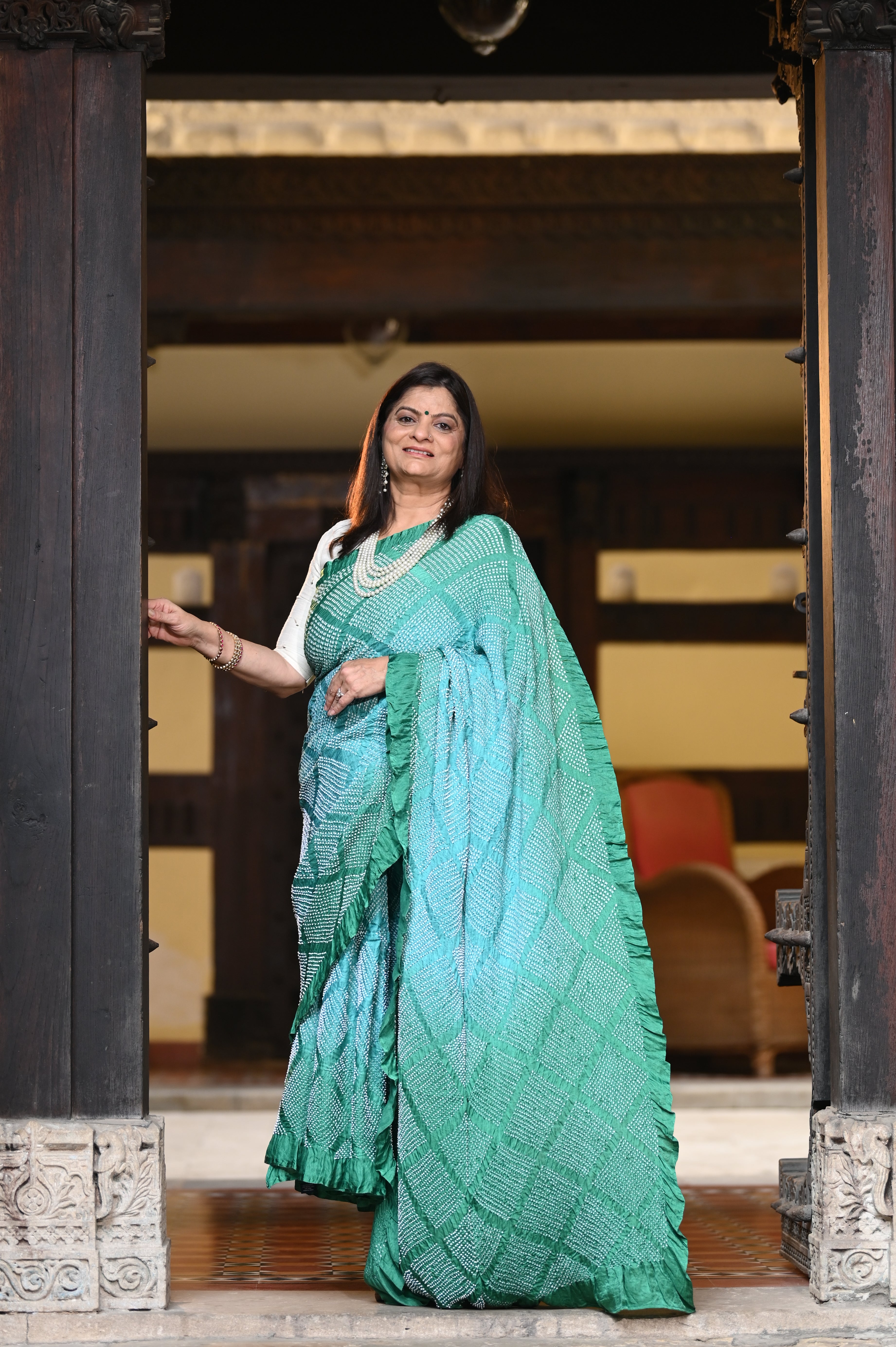 LIGHT GREEN DIAMOND GEOMETRIC BANDHANI SILK SAREE